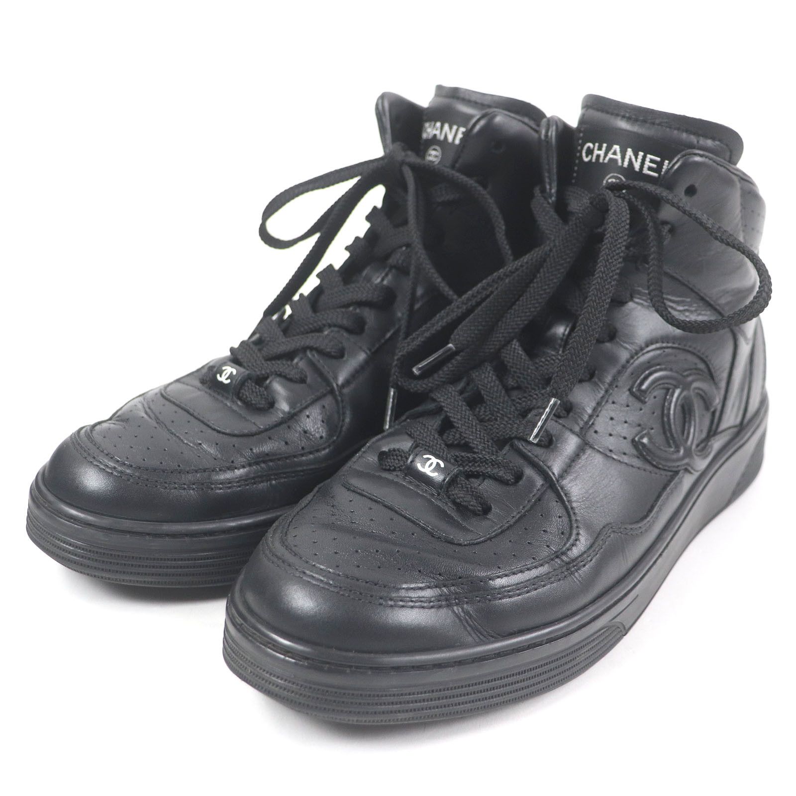 Chanel Chanel Coco Mark Leather Sneakers Leather Shoes G45080 in Black, Men's