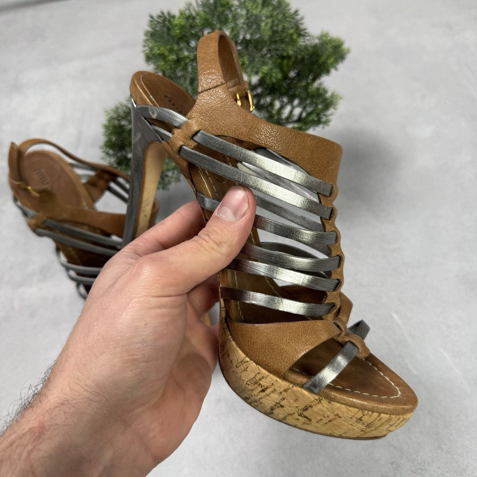 Miu Miu Miu Miu Platform Strappy Brown/ Silver Heels Sandals Size US 8.5 / IT 38.5 - 21 Thumbnail