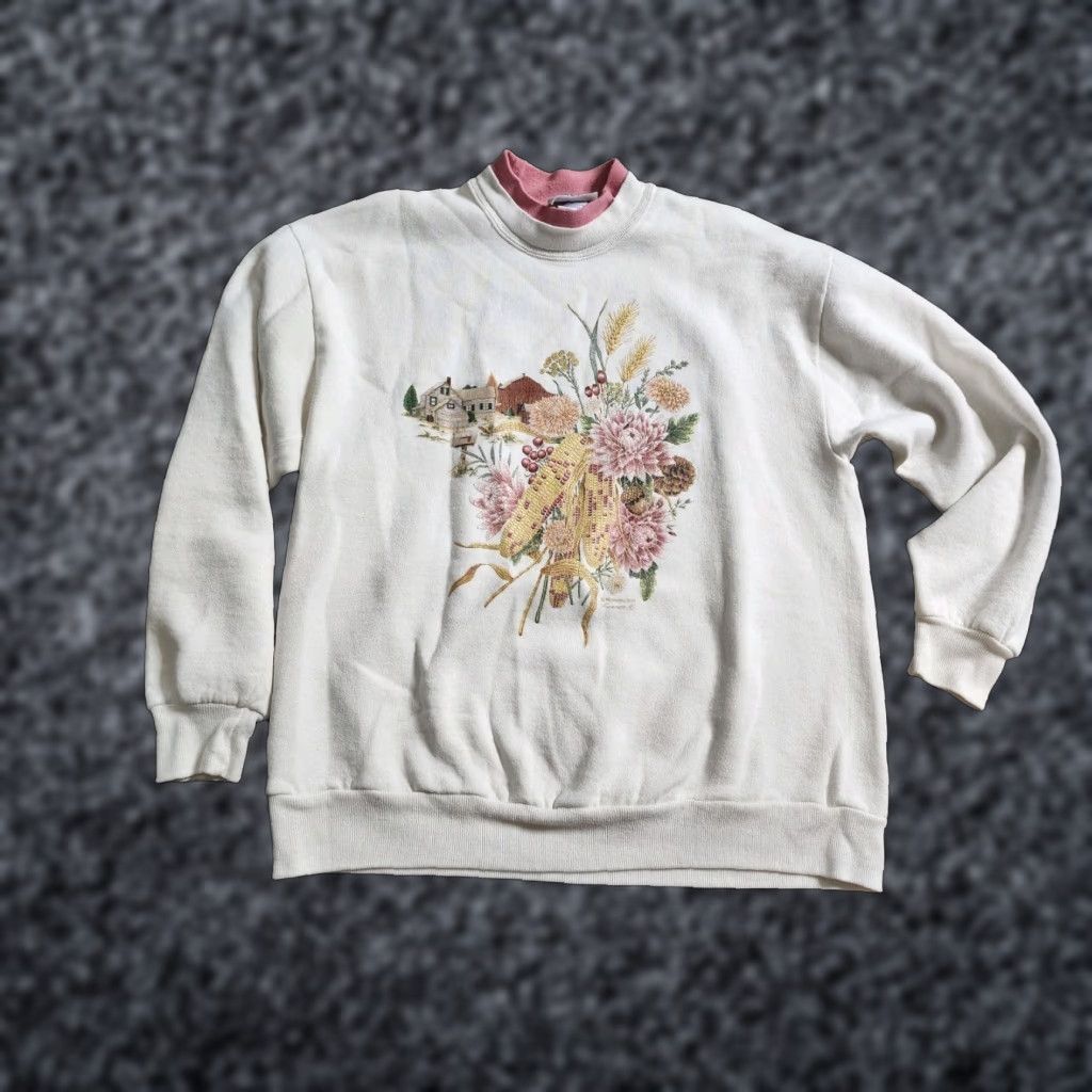 Vintage Vintage Morning Sun Sweatshirt L Women Mock Neck Pullover Floral Cotton Polyester White Fall Spring Summer Winter 90s Theme Size L / US 10 / IT 46 - 1 Thumbnail