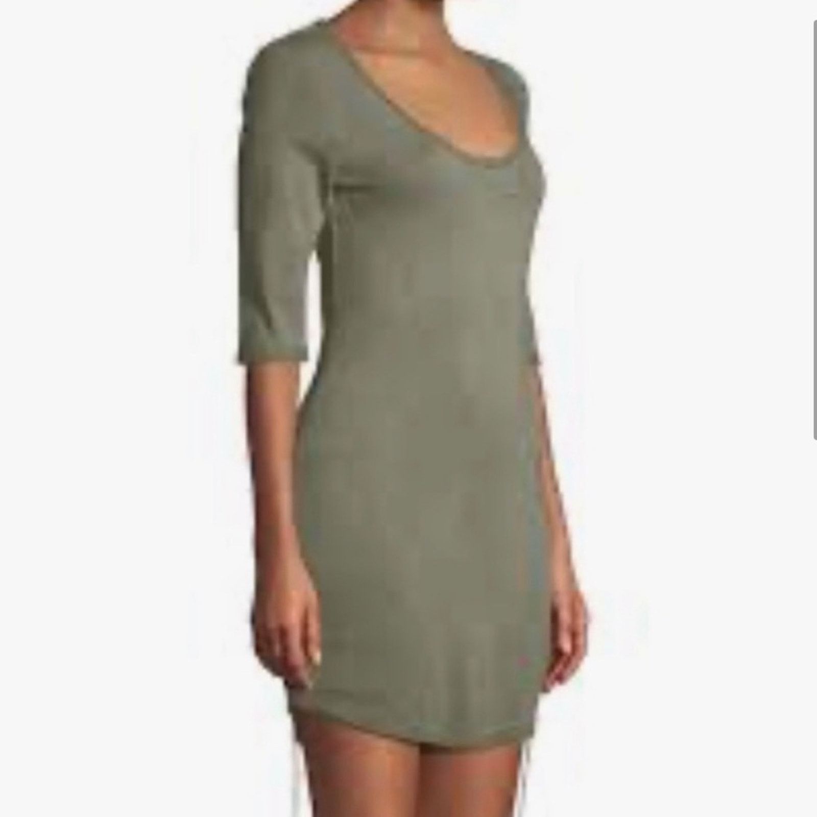Pam & Gela Pam & Gela Scoop Neck Dress Ruched 1/2 Sleeve Khaki Green SM Size S / US 4 / IT 40 - 2 Thumbnail