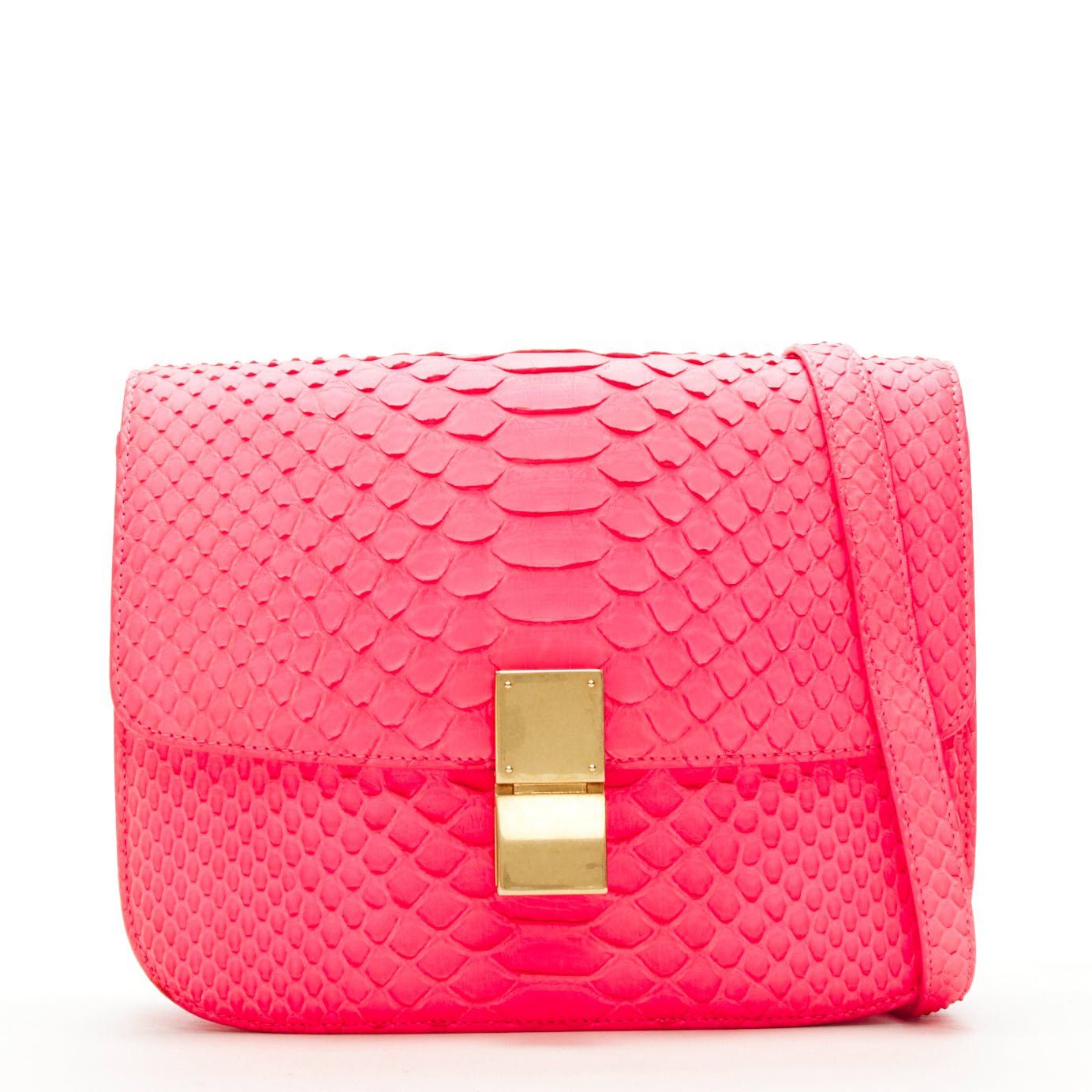 OLD CELINE Medium Classic Box Bag neon pink scaled leather flap