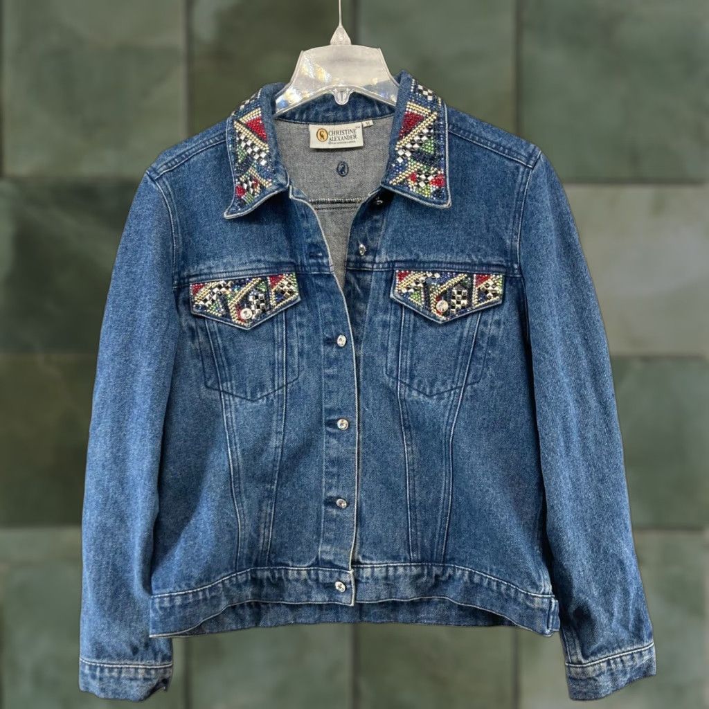 Denime VINTAGE Christine Alexander Denim Jacket Womens M Blue Rhinestone Embellished 90s Western Style Mens Womens? Size 32" / US 10 / IT 46 - 1 Thumbnail
