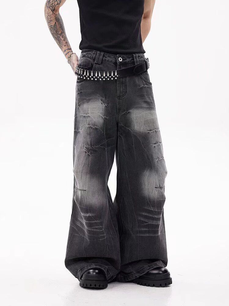 Japanese Brand Retro loose cracked straight leg wide leg jeans Size US 32 / EU 48 - 4 Thumbnail