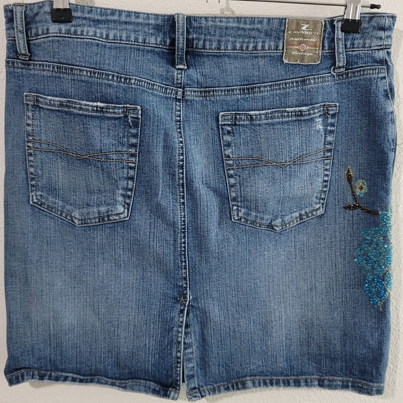 Other Vintage Z Cavaricci Blue Denim Beaded Flower Mini Skirt 16 Size 38" / US 16 / IT 52 - 5 Thumbnail