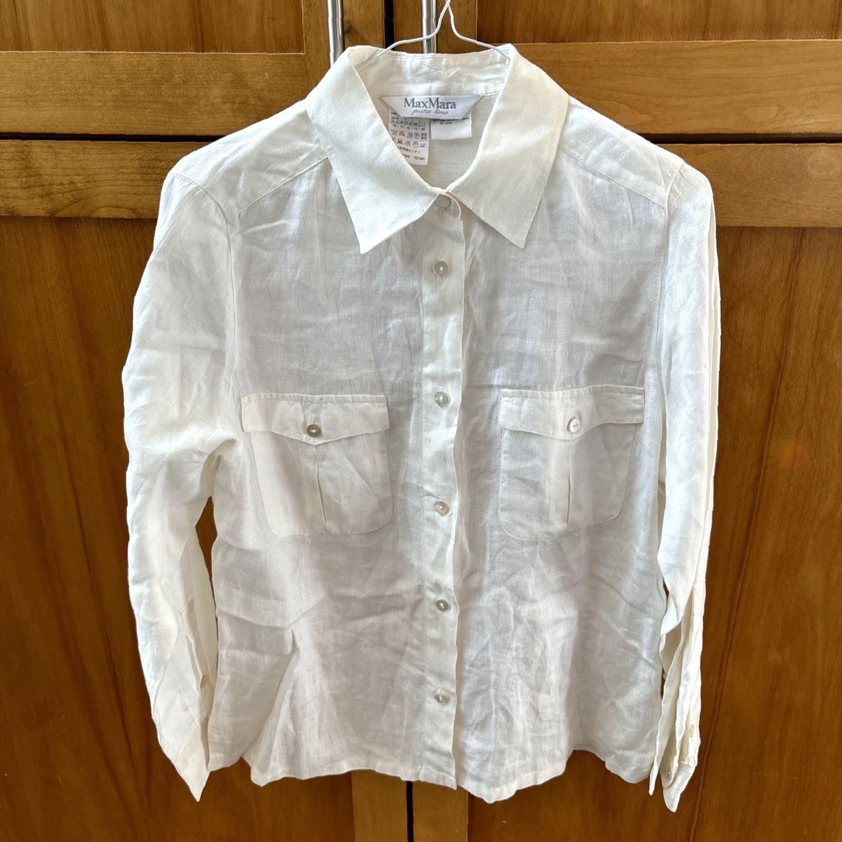 Max Mara Max Mara Button-Up Shirt Linen Long Sleeve Collared Pockets Ivory 12 Women Size XL / US 12-14 / IT 48-50 - 2 Thumbnail
