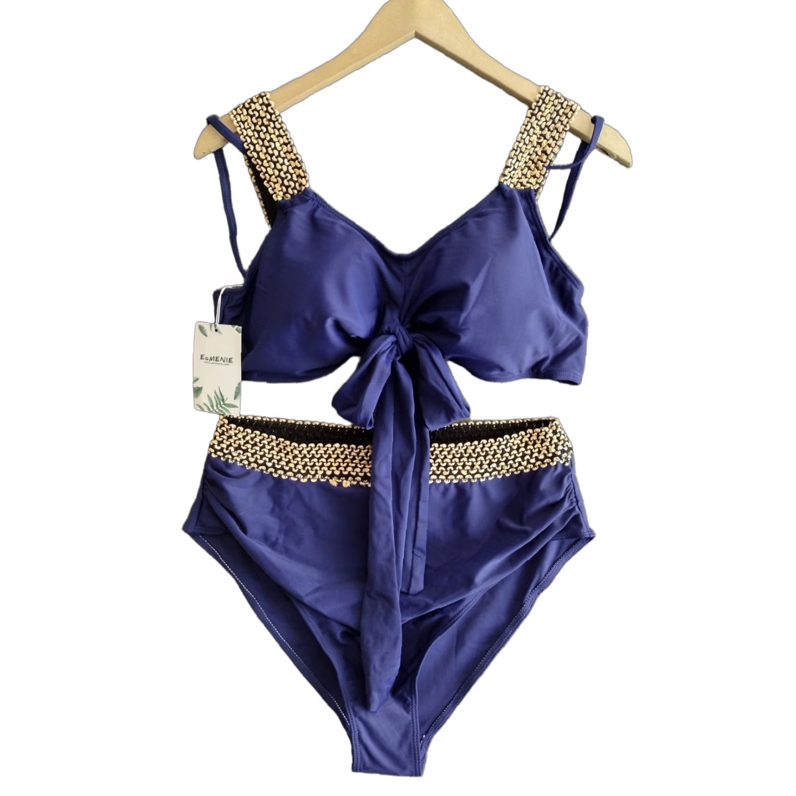 Vintage Eomenie Women's Bikini Tie Top and Bikini Bottom Blue Trim Gold XL Size XL / US 12-14 / IT 48-50 - 1 Thumbnail