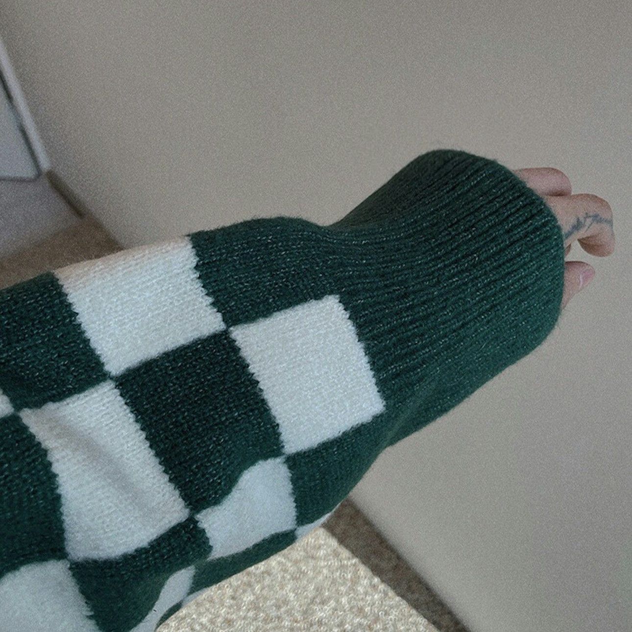 Japanese Brand × Vintage Korean fashion green checkered plaid knit jacket cardigan Size US XL / EU 56 / 4 - 5 Thumbnail