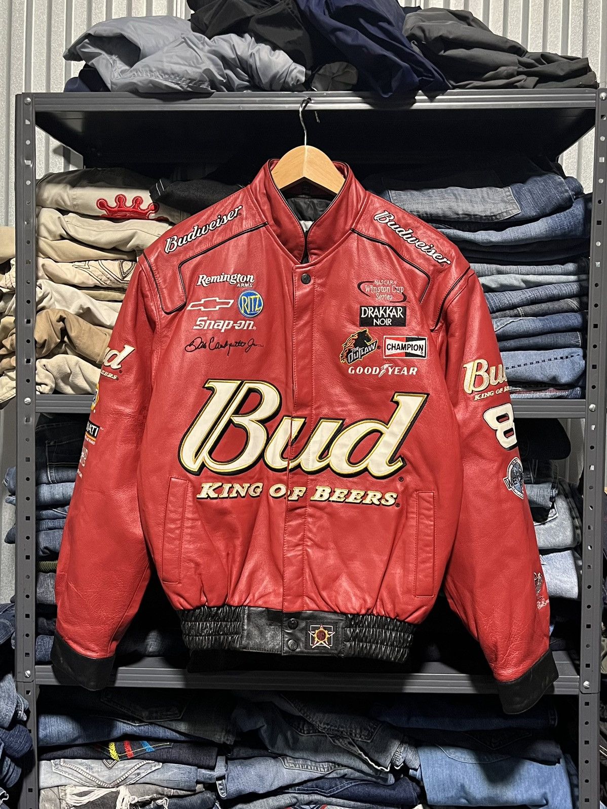 image of Crazy Vintage Budweiser Jeff Hamilton Nascar Leather Jacket in Red, Men's (Size Small)