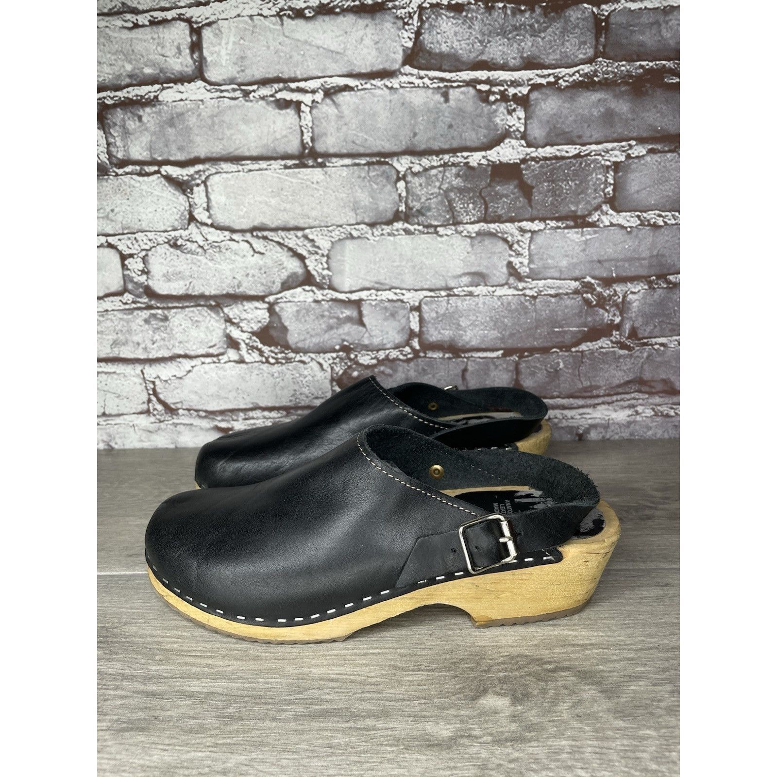 Miansai MIA Alma Swedish Black Leather Wooden Heel Strap Clogs Women Size US 9.5 / IT 39.5 - 2 Thumbnail