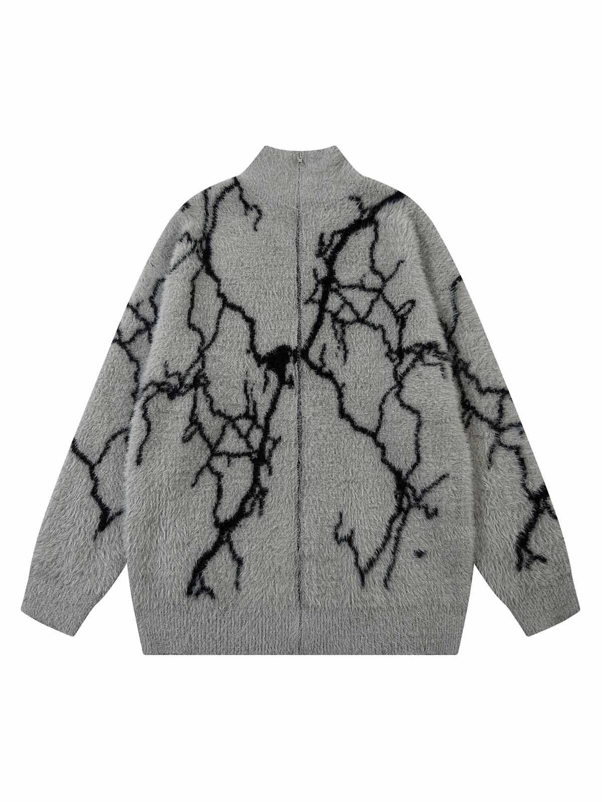 Lightning Graphic Faux Mink Fur Full Zip Knit Sweater