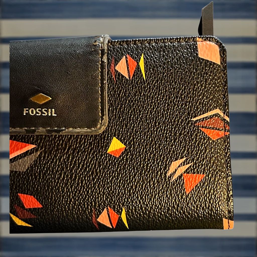 Fossil Fossil Black Leather Wallet Triangle Diamonds Star Bifold Women Credit Card Read Wallet Zip-Around Bohemian Hippie Mens Womens Girls Boys Size ONE SIZE - 1 Thumbnail