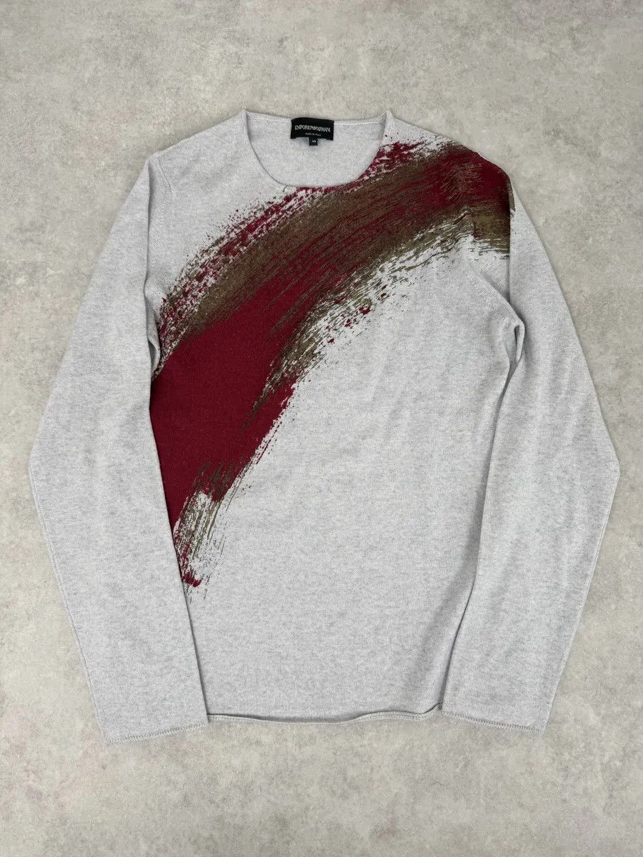 Emporio Armani 2010s Emporio Armani Grey Red Painted Line Sweater Size US M / EU 48-50 / 2 - 1 Thumbnail