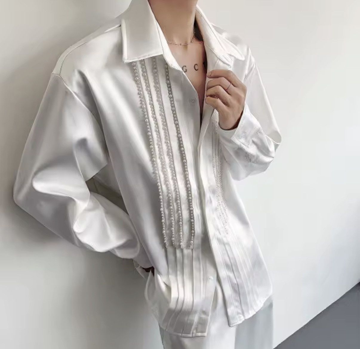 Other Streetwear Pearl Decoration Solid Patchwork Shirt Size US M / EU 48-50 / 2 - 1 Thumbnail