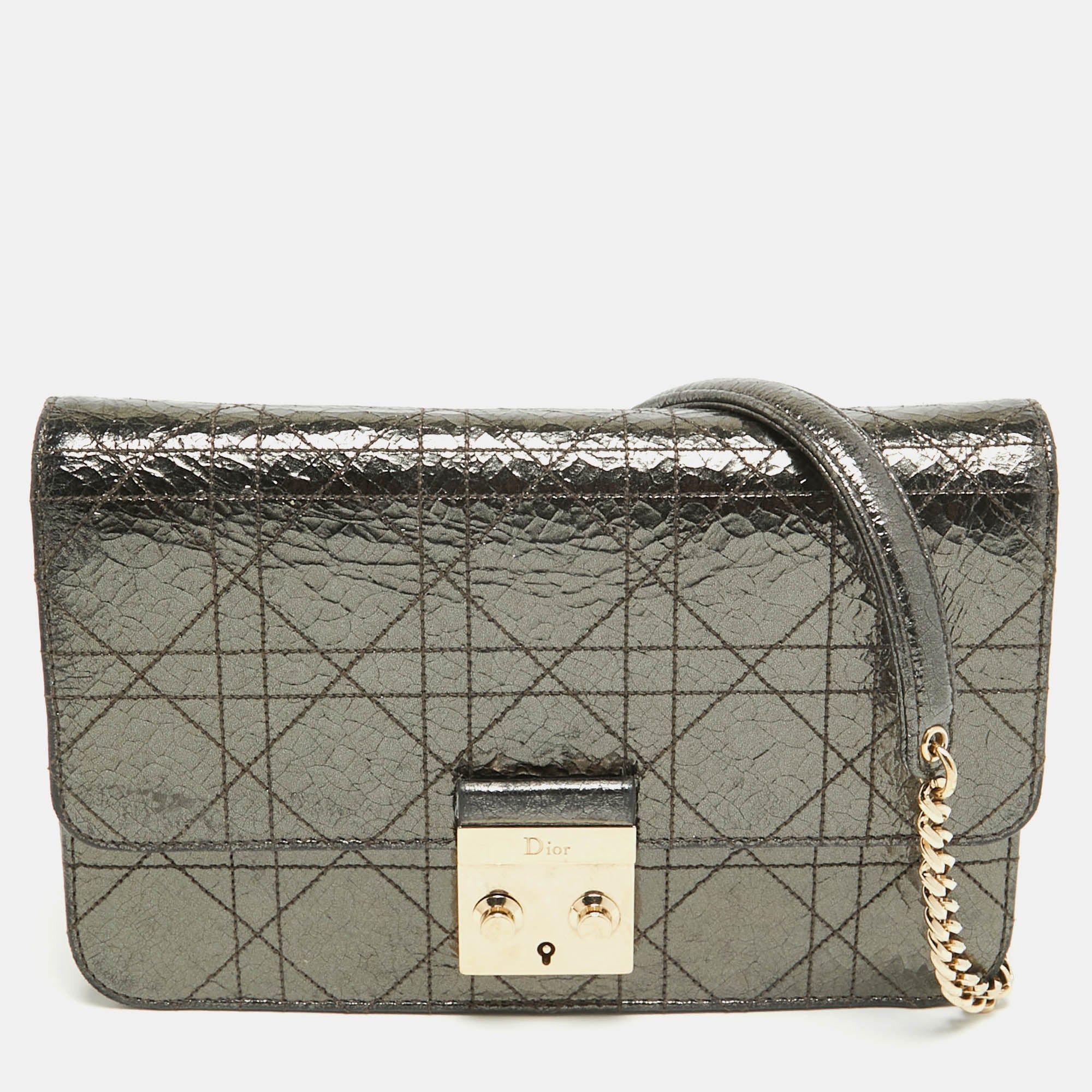 image of Dior Metallic Crackled Leather Miss Promenade Chain Clutch in Silver, Women's
