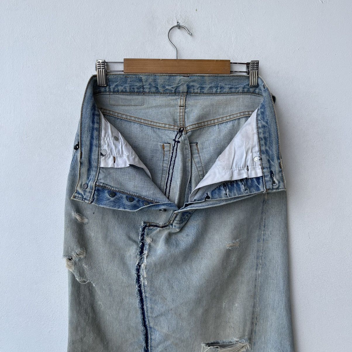 Levi's Thrashed 70s Levi’s 501 REDLINE Selvedge Reworked DenimSkirt Size 29" - 12 Thumbnail