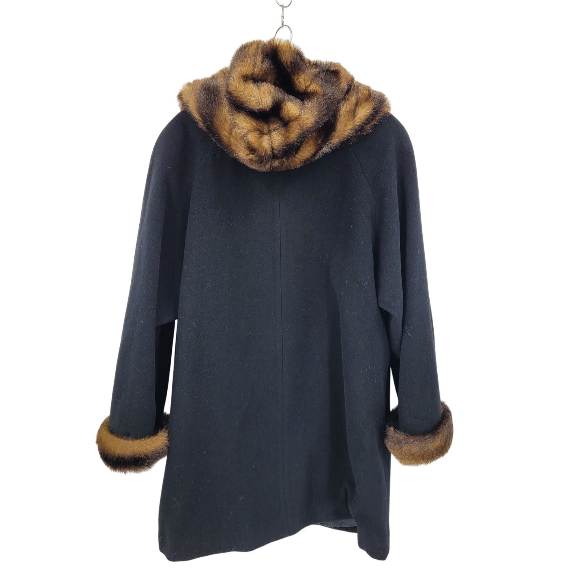 Vintage Vintage 80s Black Wool Coat 2X Faux Fur Hood Cuffs Button Fr Size XXL / US 16-18 / IT 52-54 - 10 Thumbnail