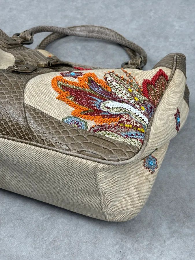 Just Cavalli Just Cavalli Beige Python Embroidered Beaded Tote Handbag Size ONE SIZE - 6 Thumbnail
