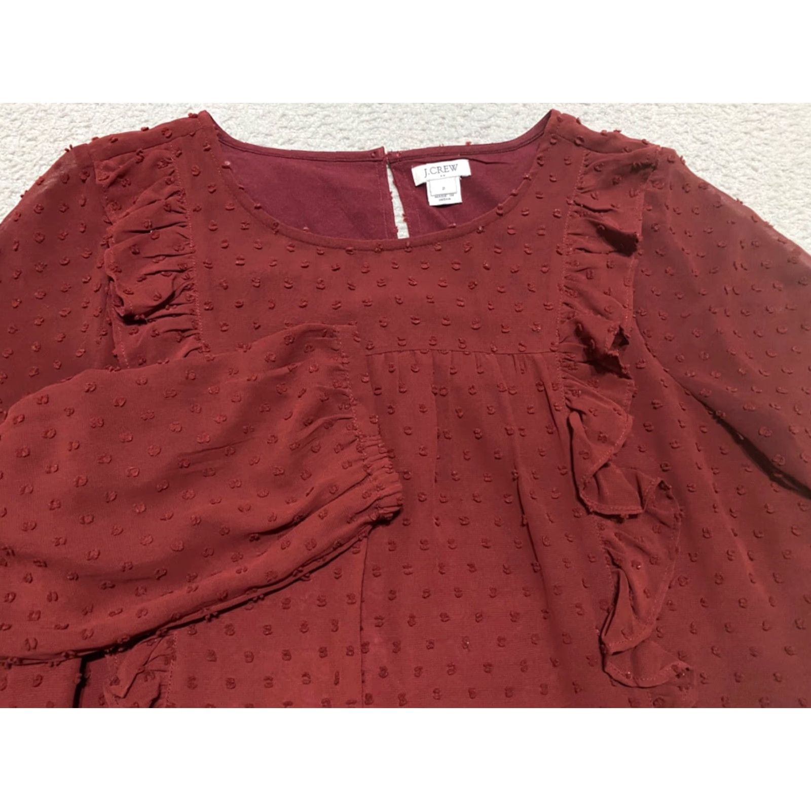 J.Crew J.CREW Shirt Red Solid Round Neck 3/4 Sleeve Lined Ruffle Womens Size 2 Casual Blouse Size XS / US 0-2 / IT 36-38 - 2 Thumbnail