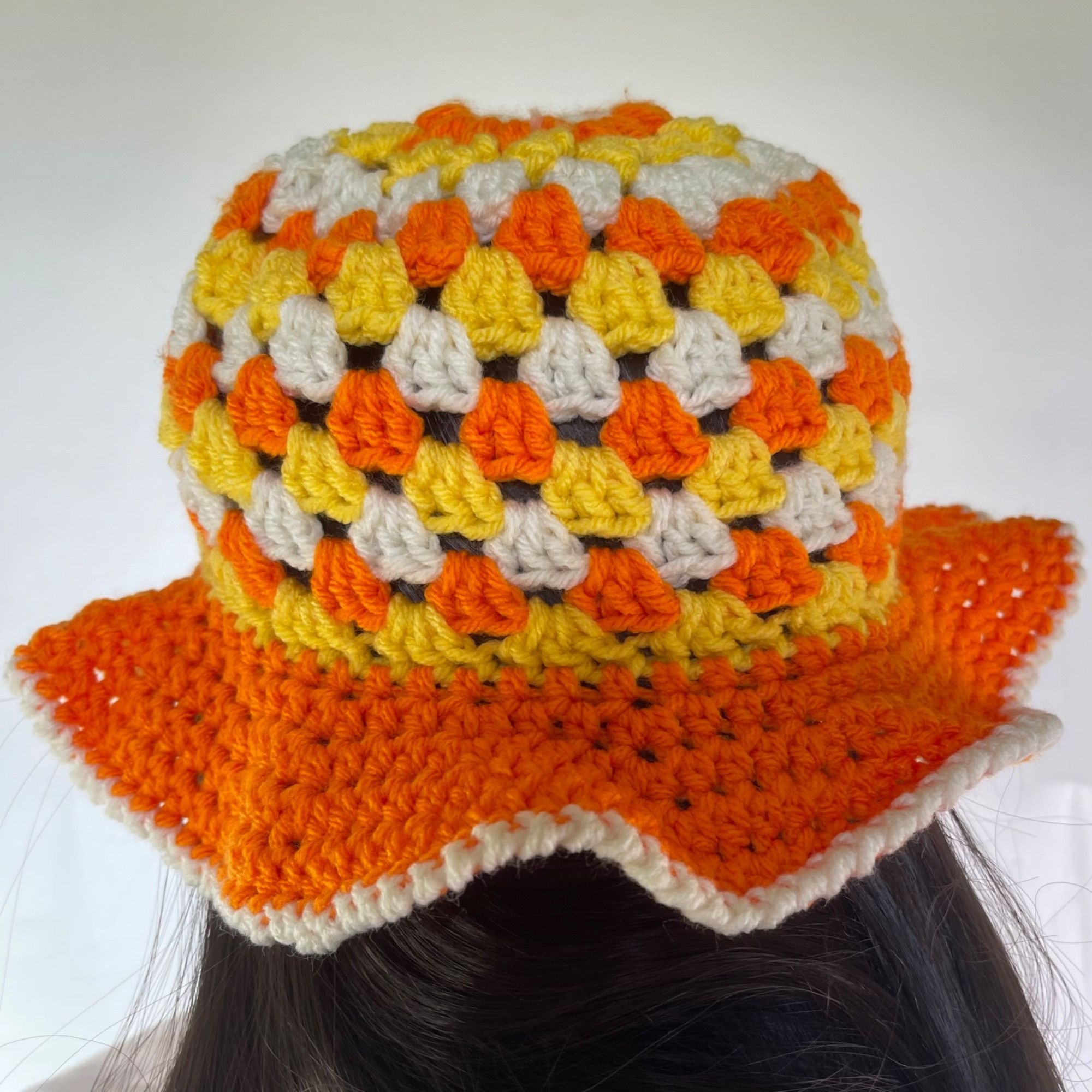 Handmade Crochet Bucket Hat Granny Square Pattern Orange Yellow White Size ONE SIZE - 4 Thumbnail