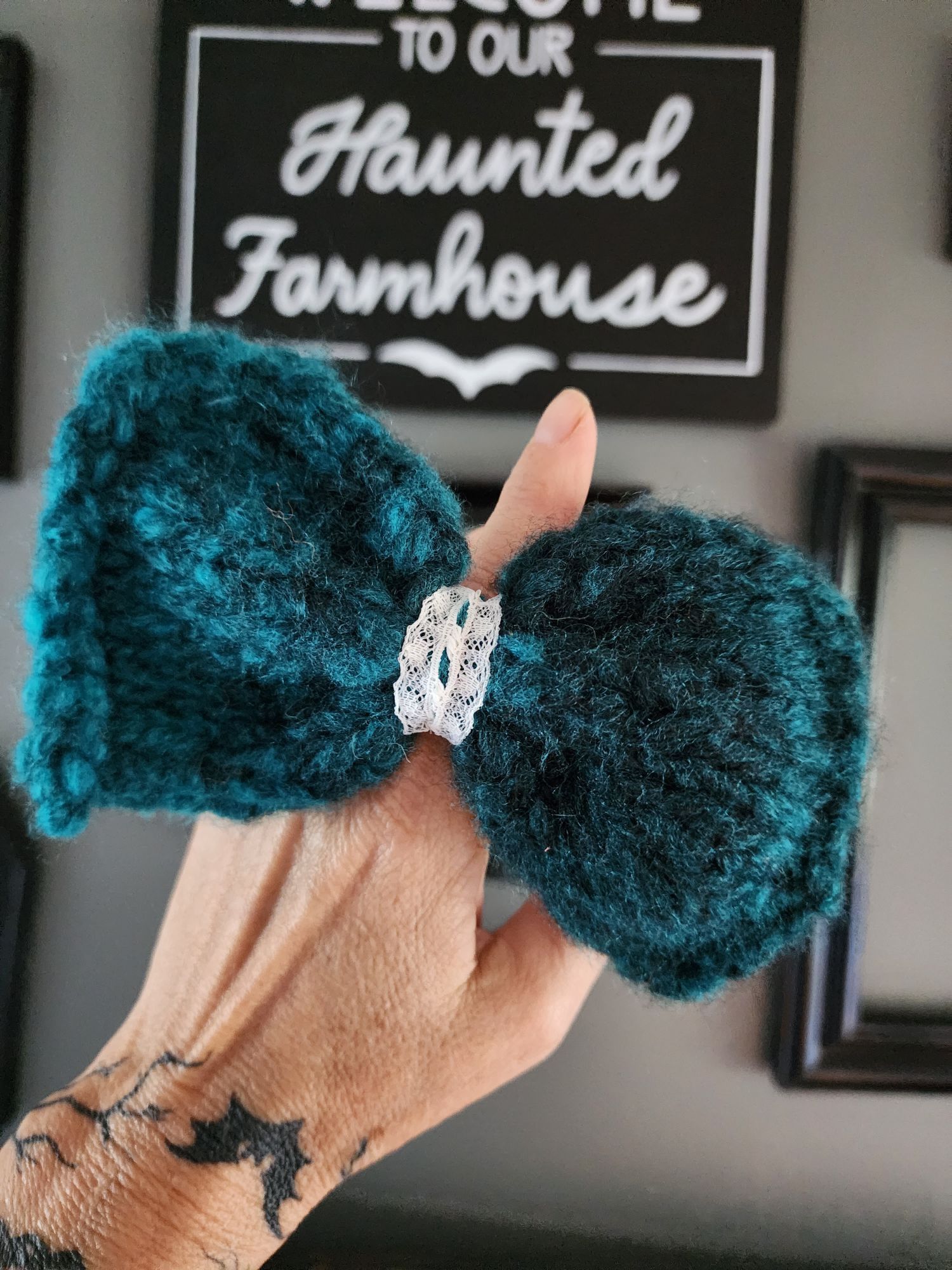 Handmade Knit Hair Bow, Handknitted Teal Ombre Ponytail Holder or Hai Size ONE SIZE - 11 Thumbnail