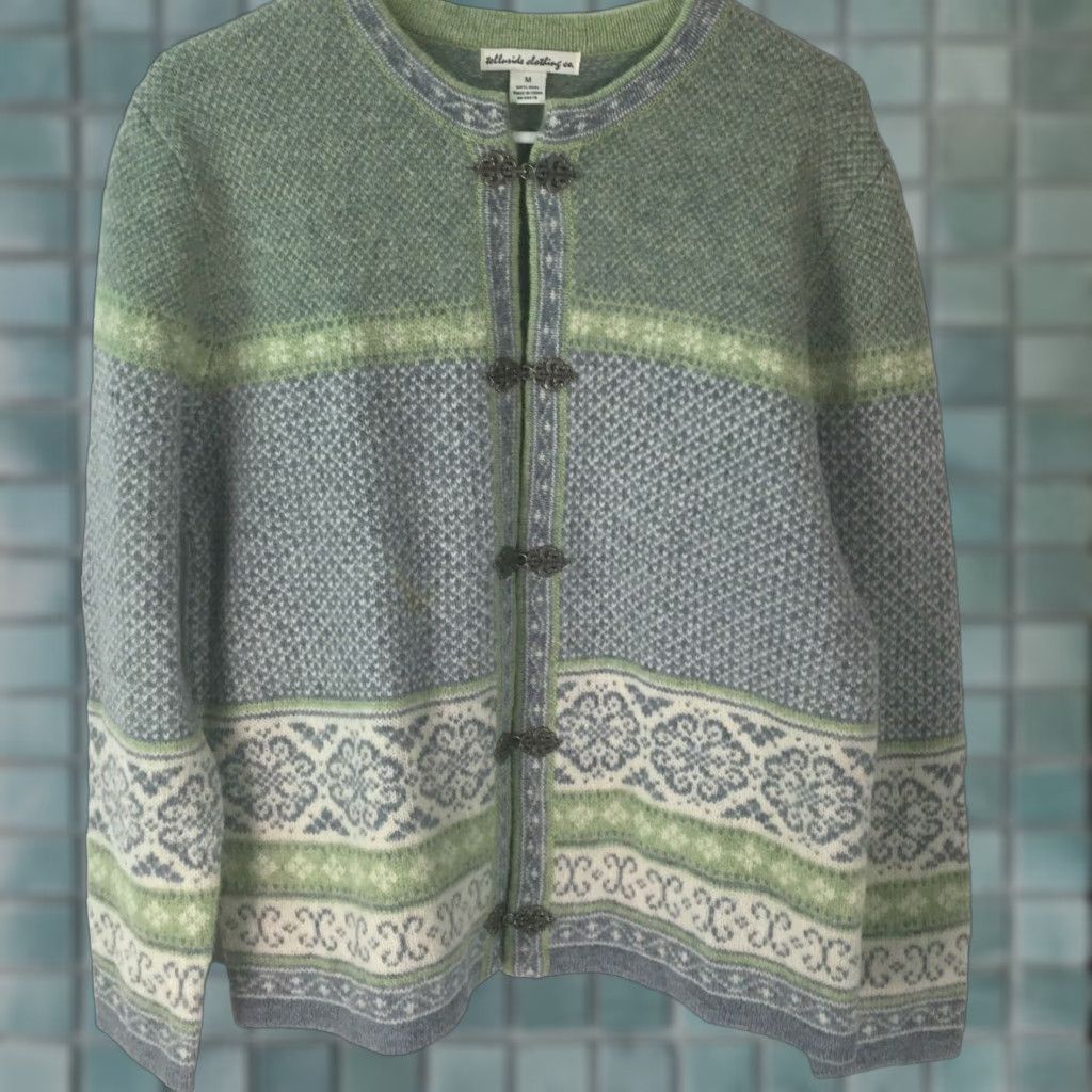 CO VINTAGE Telluride Clothing Co Nordic Wool Cardigan Sweater Womens Medium Green Casual 90s Size M / US 6-8 / IT 42-44 - 1 Thumbnail