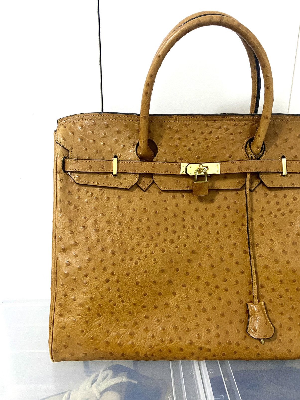 Japanese Brand Rare Ostrich patina Leather Birkin Bag Size ONE SIZE - 3 Thumbnail