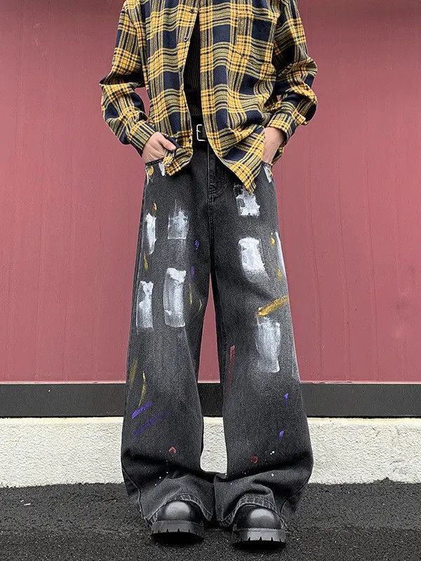 Japanese Brand Retro loose straight tube splashed ink casual jeans Size US 32 / EU 48 - 5 Thumbnail