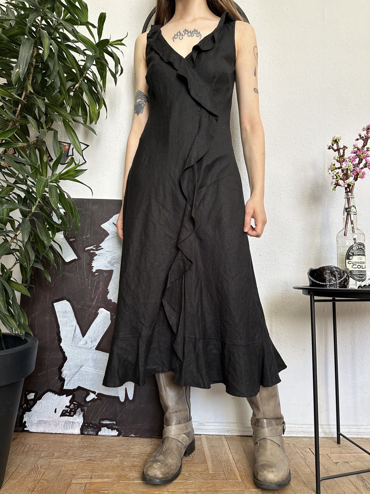 Designer Linen Ruffled Maxi Dress Cottage Coquette Retro Core Size XS / US 0-2 / IT 36-38 - 2 Thumbnail