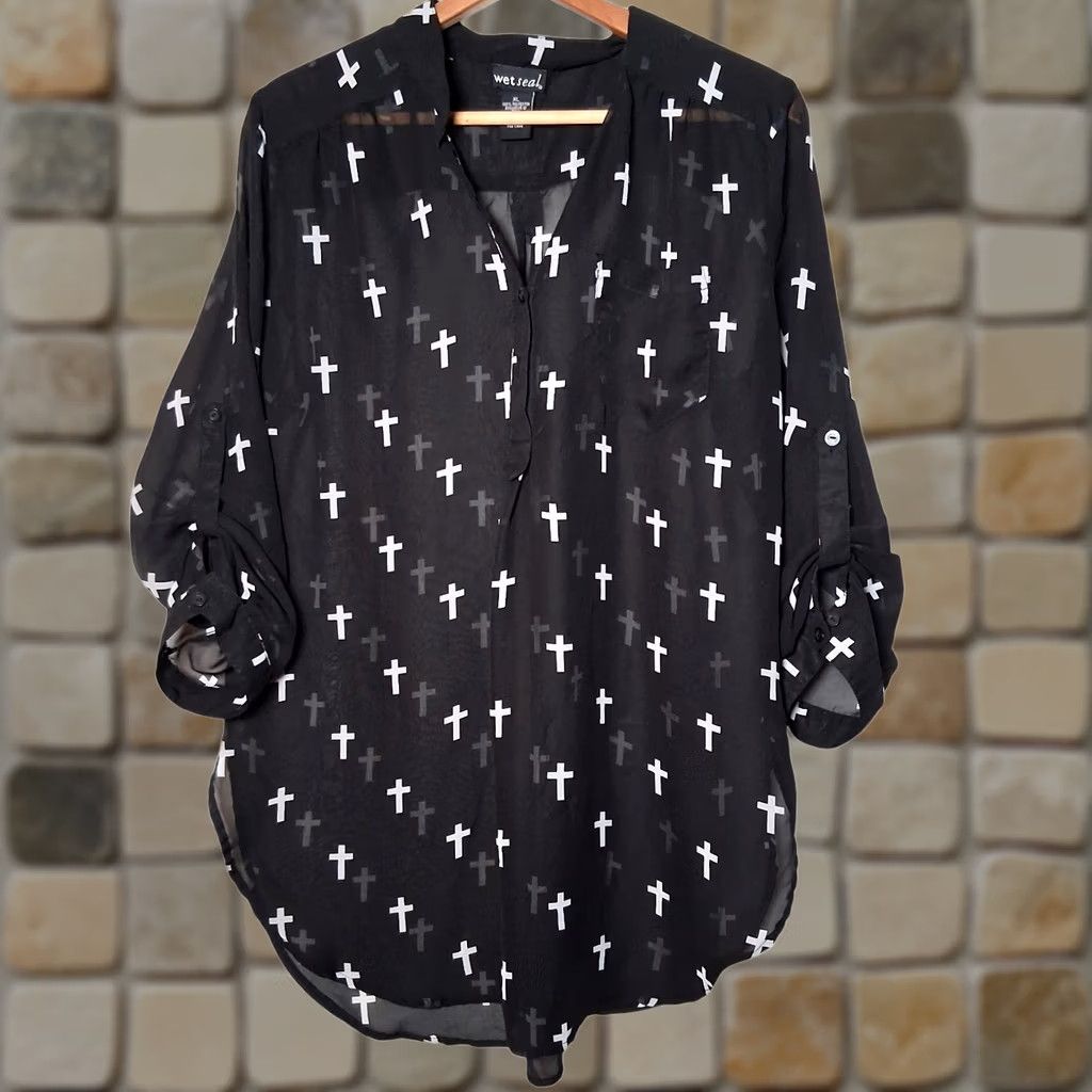 Vintage Wet Seal Blouse XL Black Sheer Roll Tab Sleeve Emo Goth Religious Holy Cross Size XL / US 12-14 / IT 48-50 - 1 Thumbnail