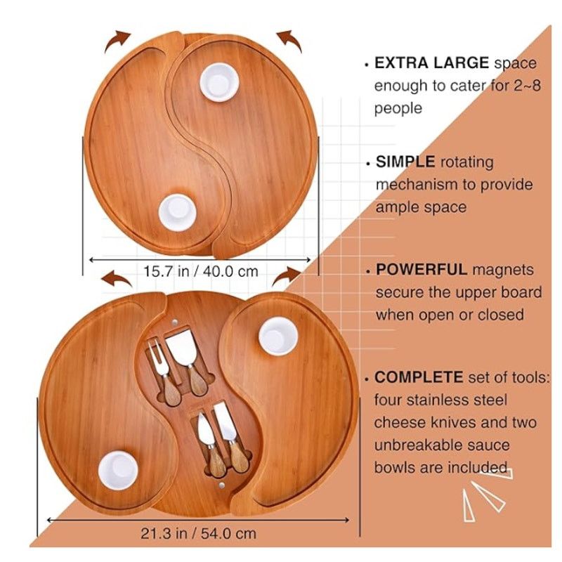 The Unbranded Brand Large Double-Layer Charcuterie Board Set w 4 Knives Bamboo Size ONE SIZE - 3 Thumbnail