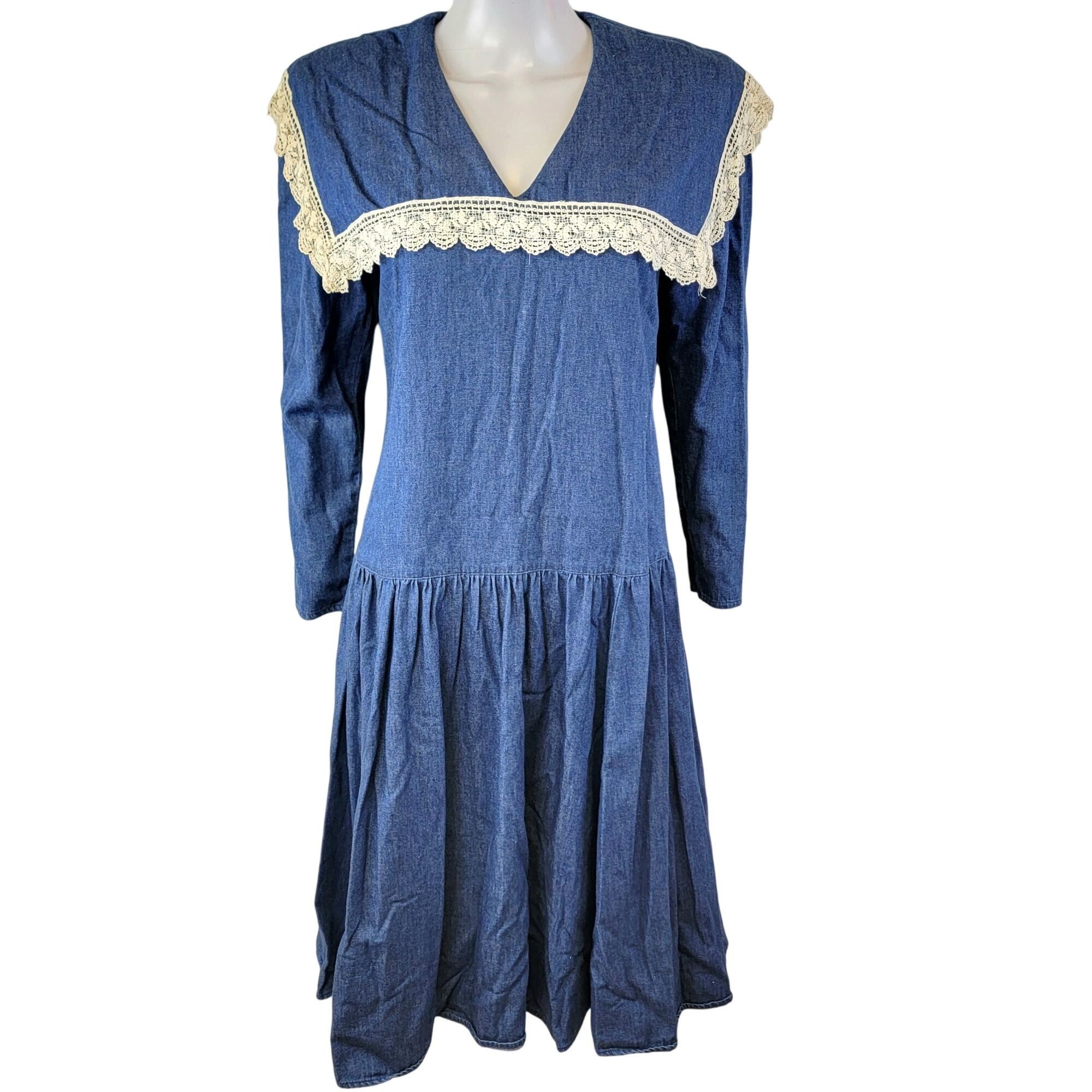 Gunne Sax Vintage 70s Denim Midi Dress Women Small Bib Lace