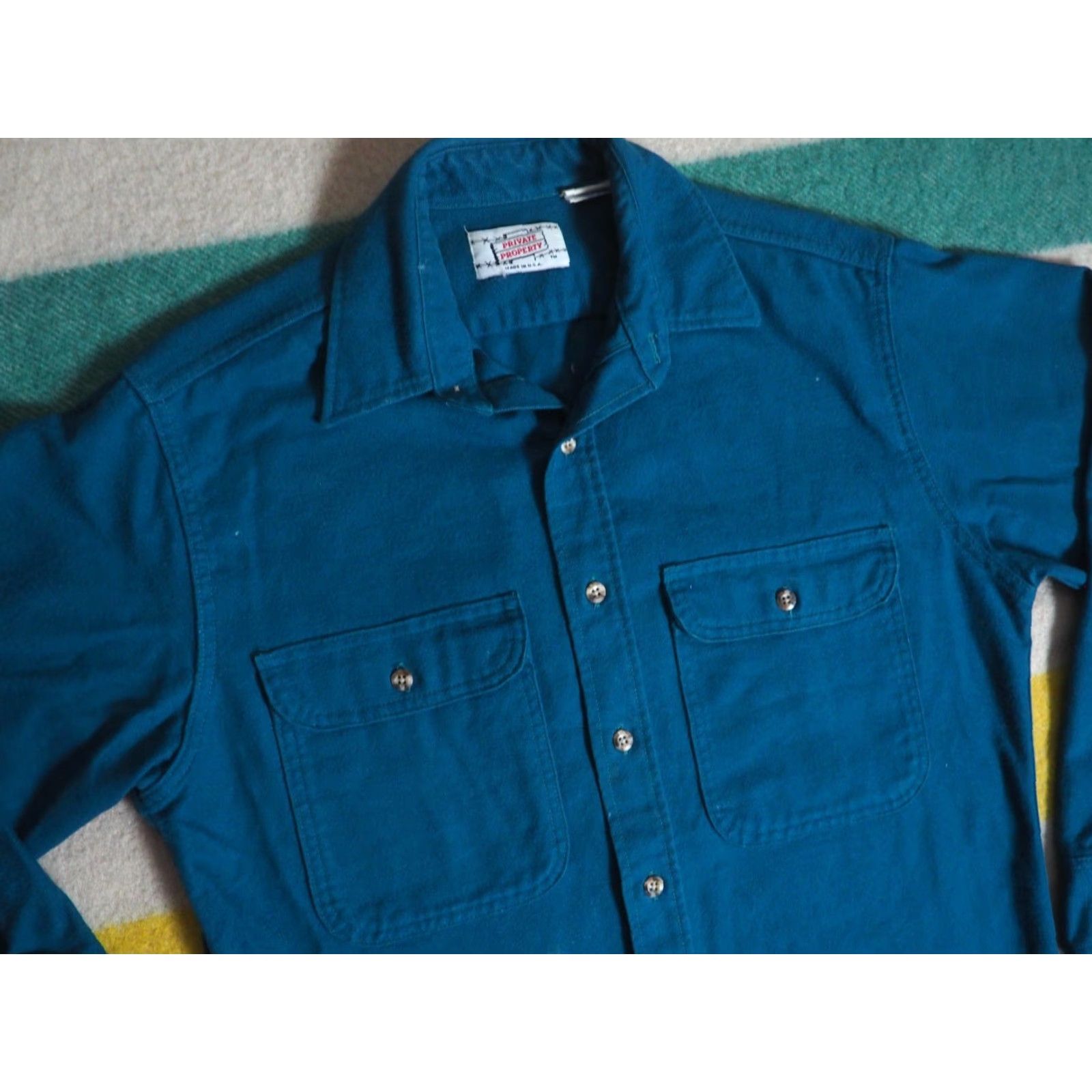 Altea VINTAGE 70s Private Property Shirt Teal Blue Chamois Cloth Pocket USA Mens M Long Sleeve Button-Front Cotton Grunge Casual Decade 1970s US Size US M / EU 48-50 / 2 - 3 Thumbnail