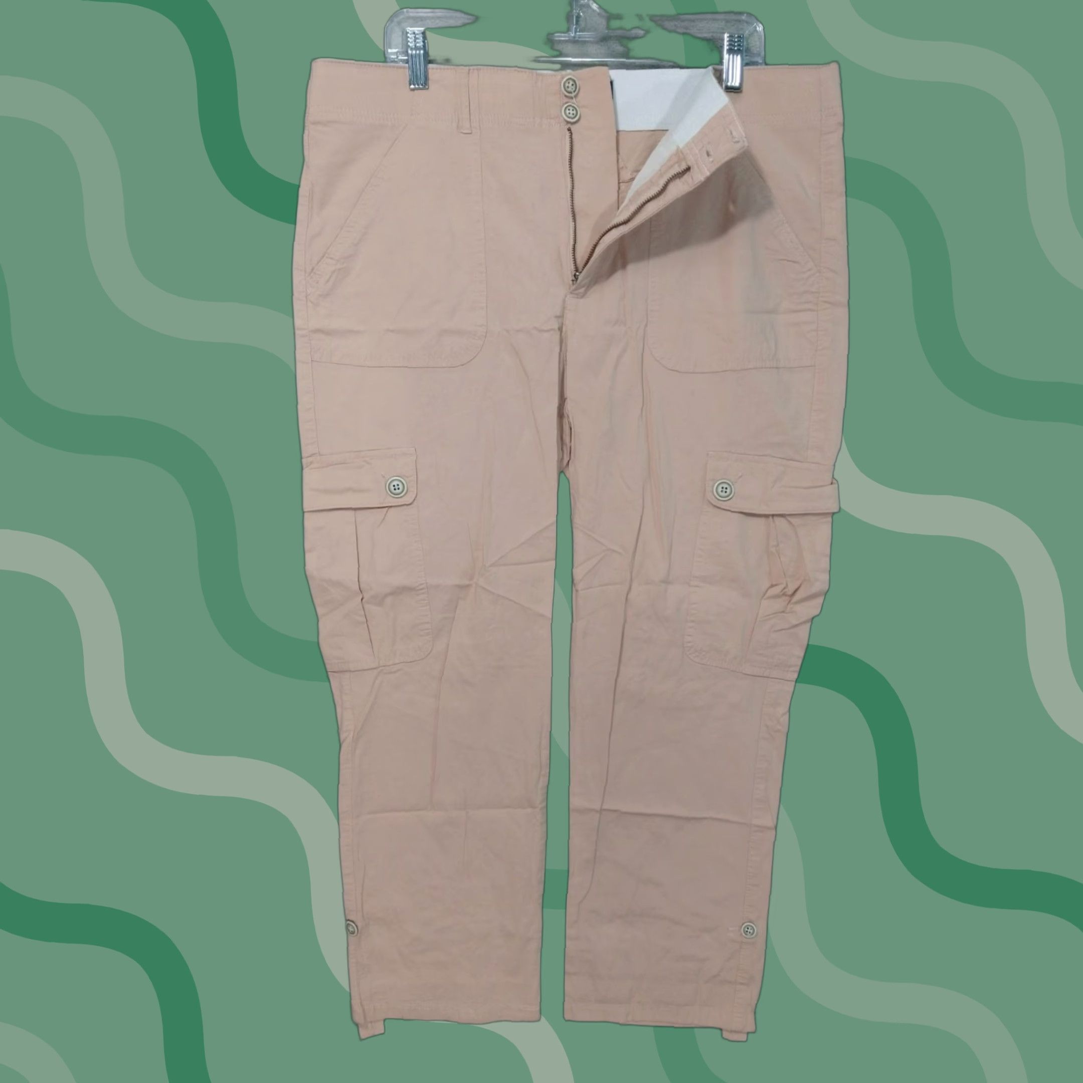 Vintage Democracy Pants Womens 16 Beige Cargo Utility High Rise Straight 26 in Inseam Twill Cotton Rayon Spandex City Casual Travel Mens Womens Girls Boys Size 38" / US 16 / IT 52 - 1 Thumbnail