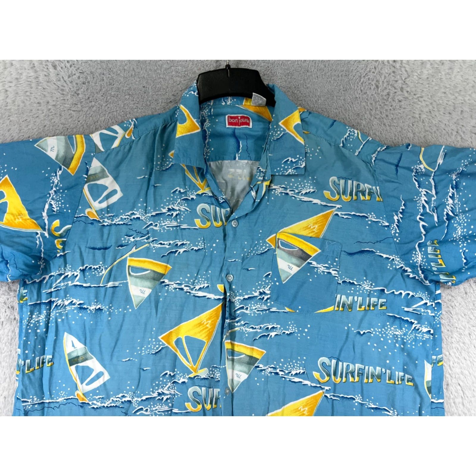 Vintage Bonjour Shirt BonJour Mens Button-Up Hawaiian 3XL Blue Wind Surfer Print Rayon Shirt Mens Hawaiian Beach Luau Aloha Palm 90s? Size US XXL / EU 58 / 5 - 6 Thumbnail