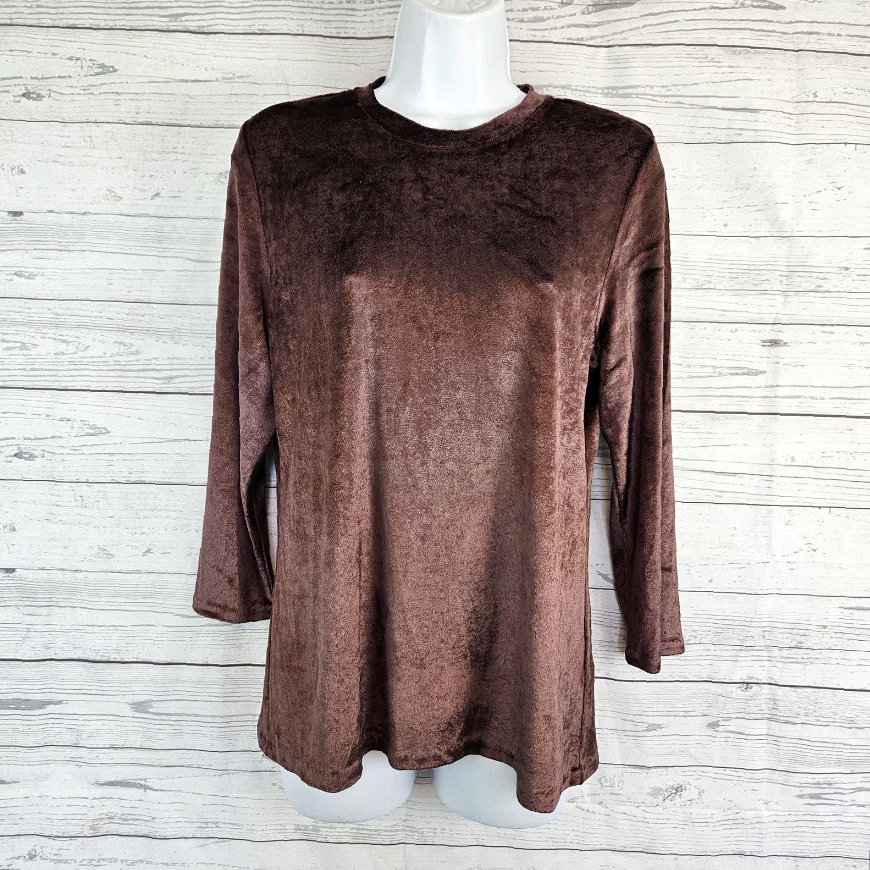 Vince Vince Womens Velour 3/4 Sleeve Crew Neck Top L Brown Blouse Size L / US 10 / IT 46 - 2 Thumbnail