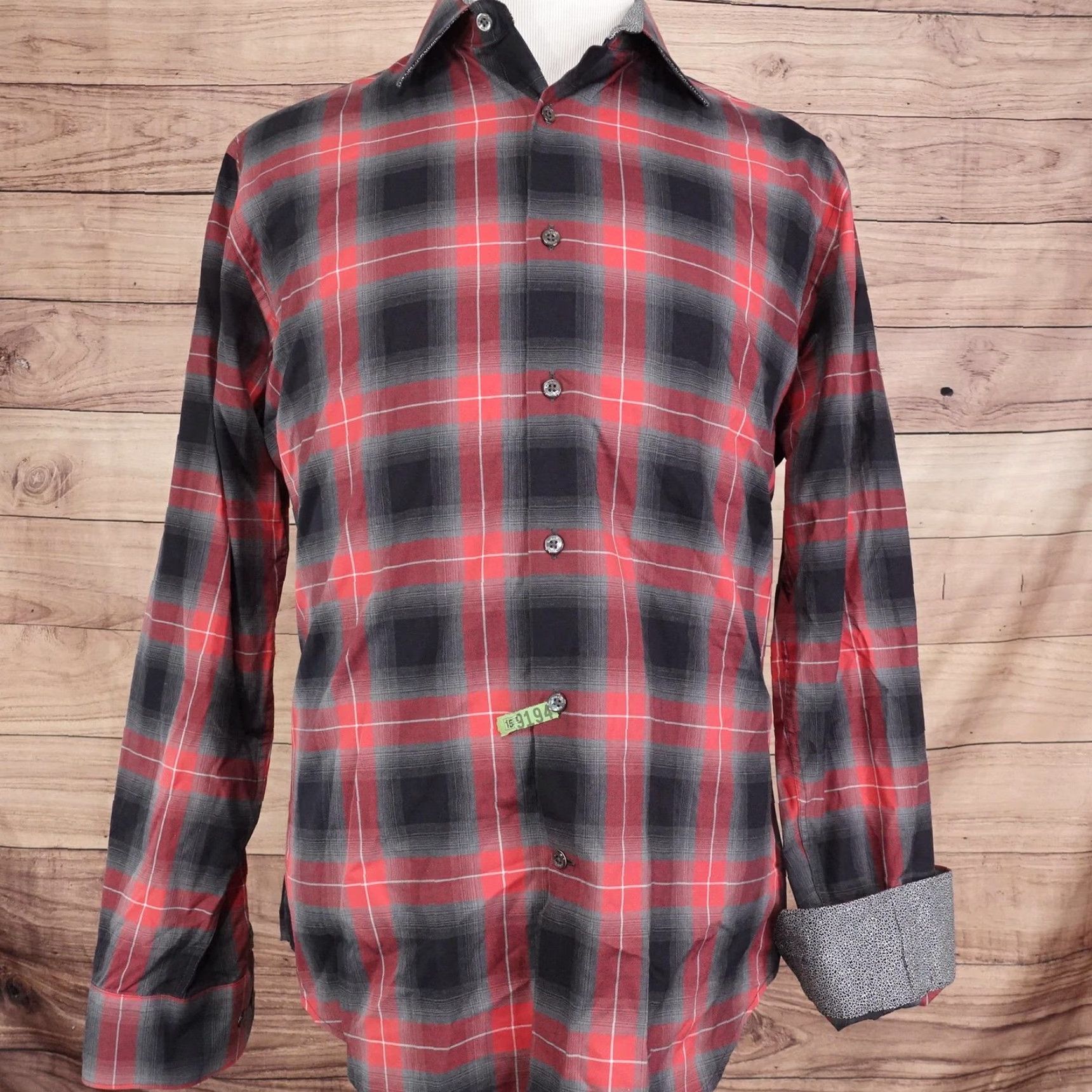 BUGATCHI VINTAGE Bugatchi Shirt Mens Large Red Black Plaid Cotton Button-Up Long Sleeve Casual Dress Size US L / EU 52-54 / 3 - 3 Thumbnail