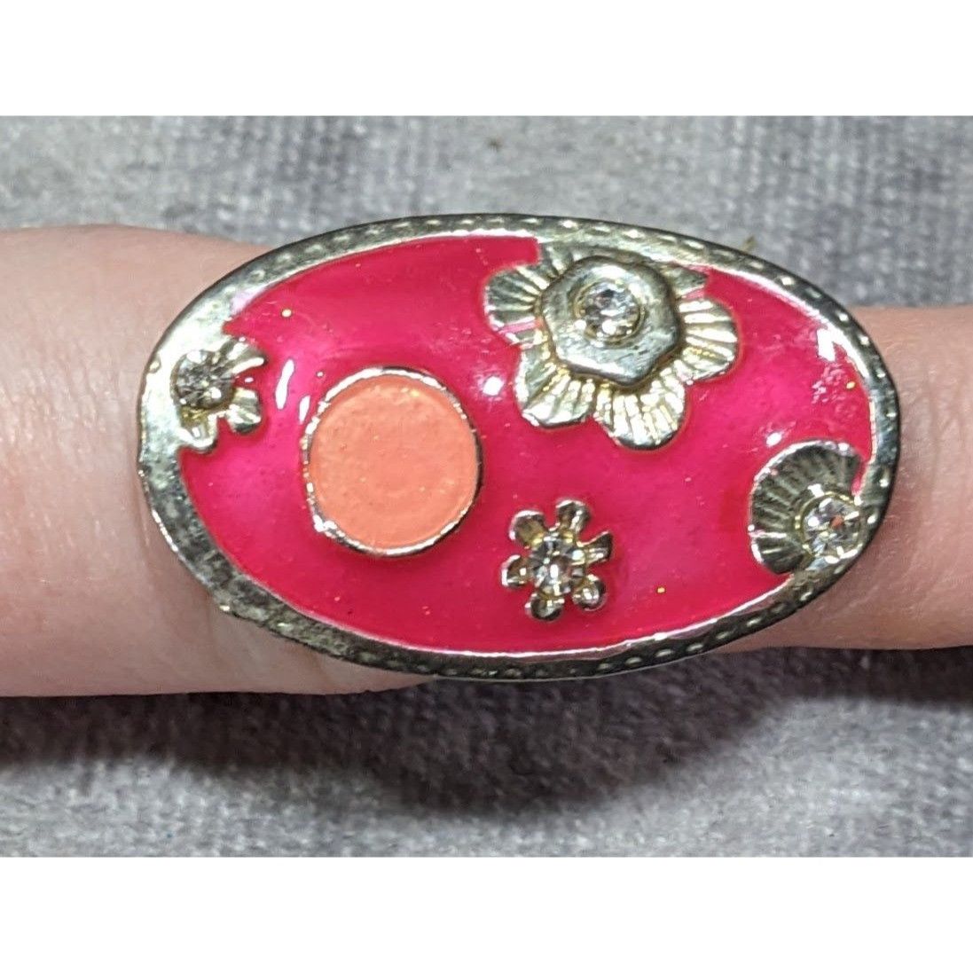 Other Retro Floral Pink Enamel And Silver Tone Oval Ring Size ONE SIZE - 9 Thumbnail