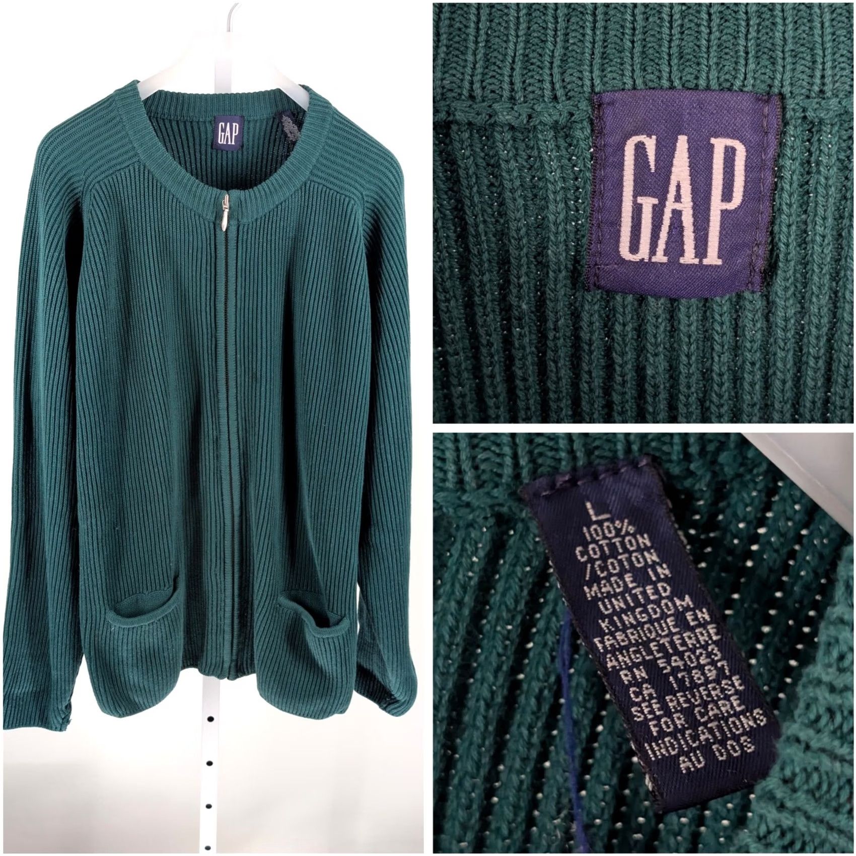 Gap VINTAGE Gap Heavyweight Cardigan Sweater UK Mens L Green Full Zip Ribbed Cotton 1990s Size US L / EU 52-54 / 3 - 2 Thumbnail