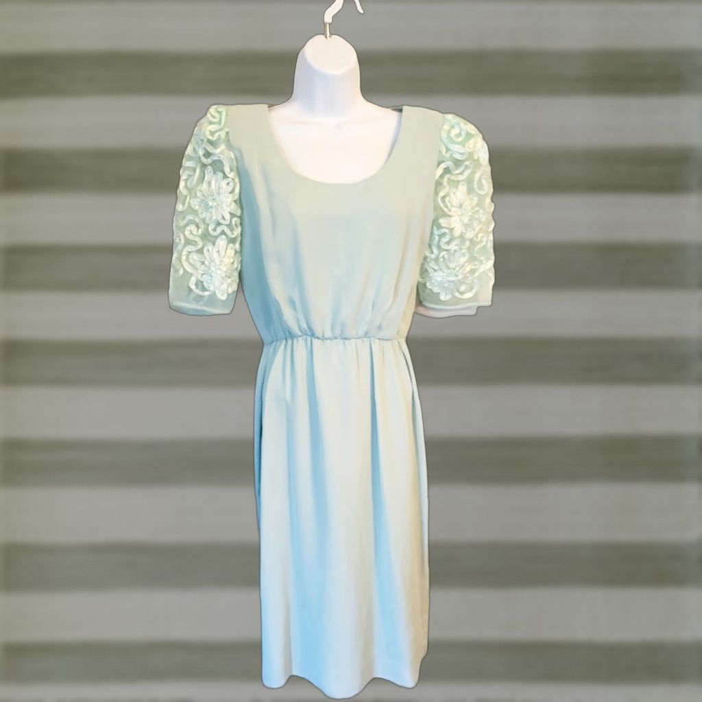 Vintage VINTAGE Miss Elliette Dress Green 8 New Wave Party Sleeves Embellished Sheer Polyester 1980s Womens Size M / US 6-8 / IT 42-44 - 1 Thumbnail