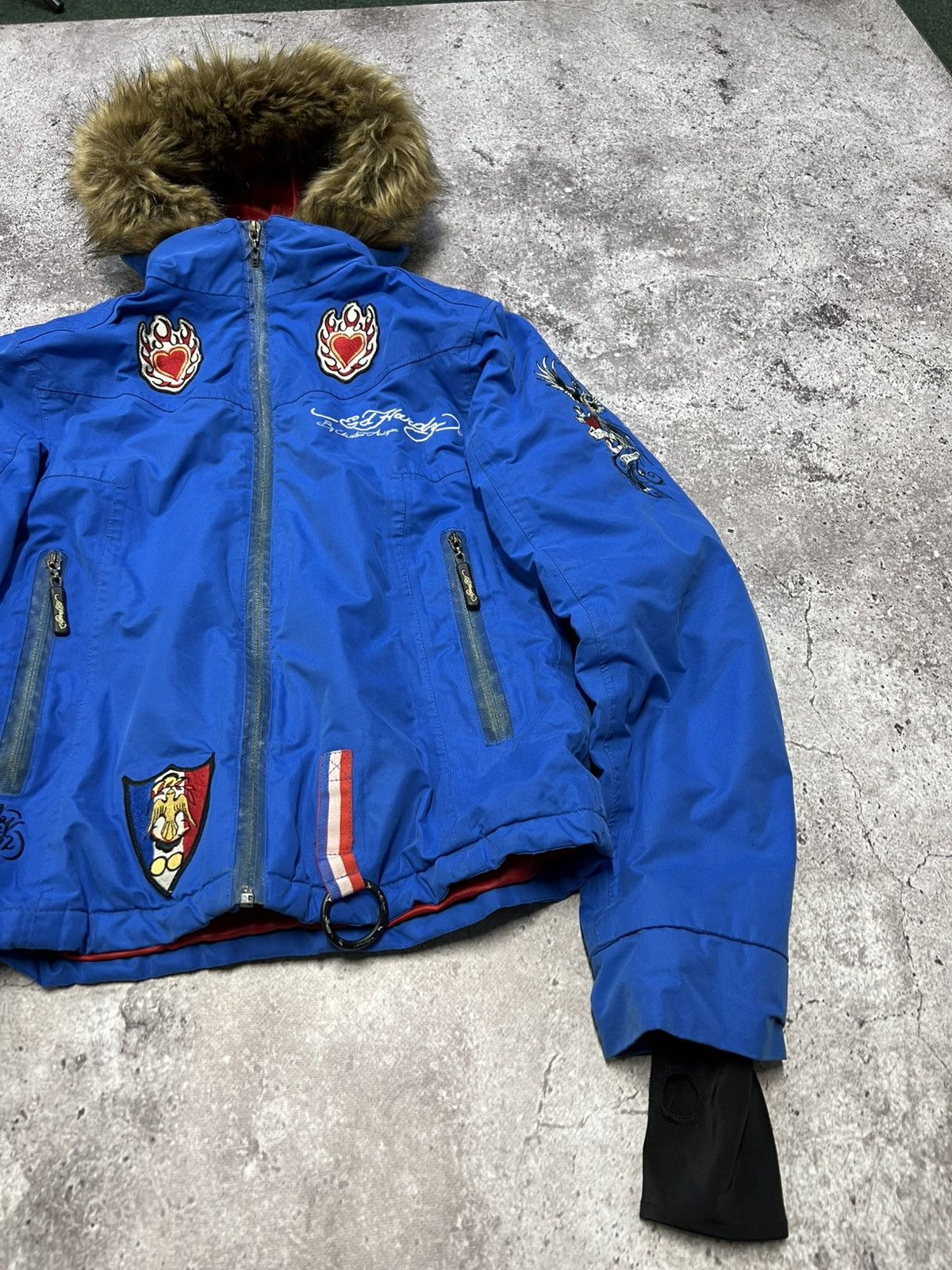 Ed Hardy Ed Hardy by Christian Audigier Embroidered Fur Bomber Jacket Size M / US 6-8 / IT 42-44 - 5 Thumbnail