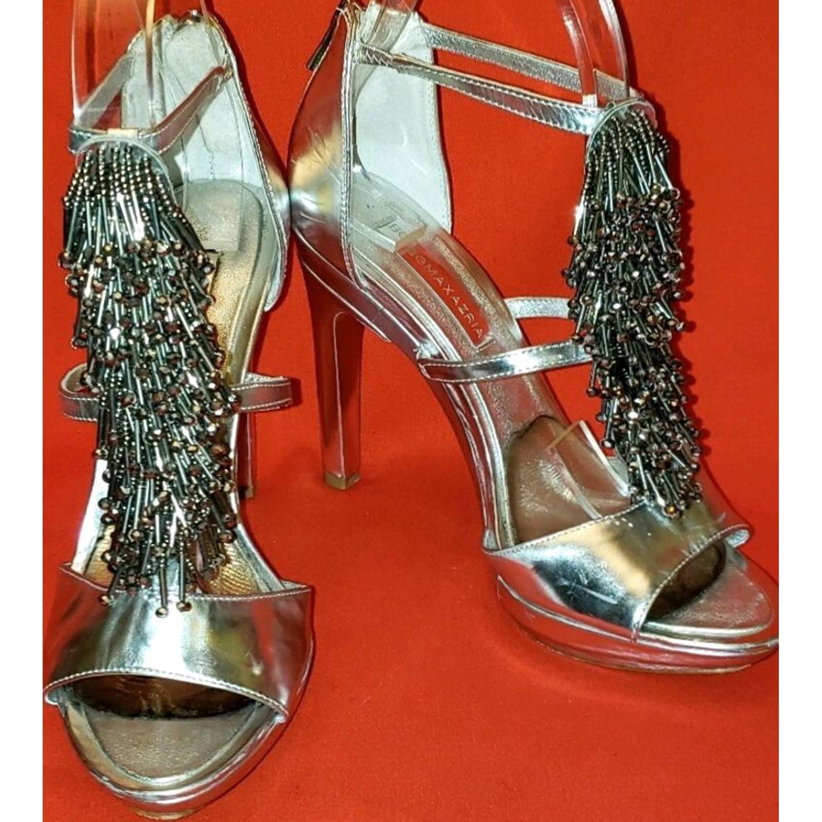 Bcbgmaxazria BCBG MAXAZRIA Pumps Womens Silver ANKLE STRAP HEEL SIZE BEADED TASSELS UPFRONT Size US 5 / IT 35 - 2 Thumbnail