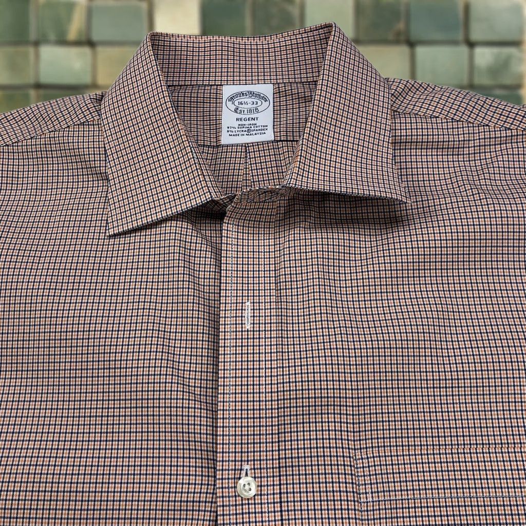 Brooks Brothers Brooks Brothers REGENT Dress Shirt LS 16.5 / 33 Non-Iron Supima Lycra Spandex Check Blue, Regular, Mens Size 46R - 1 Thumbnail