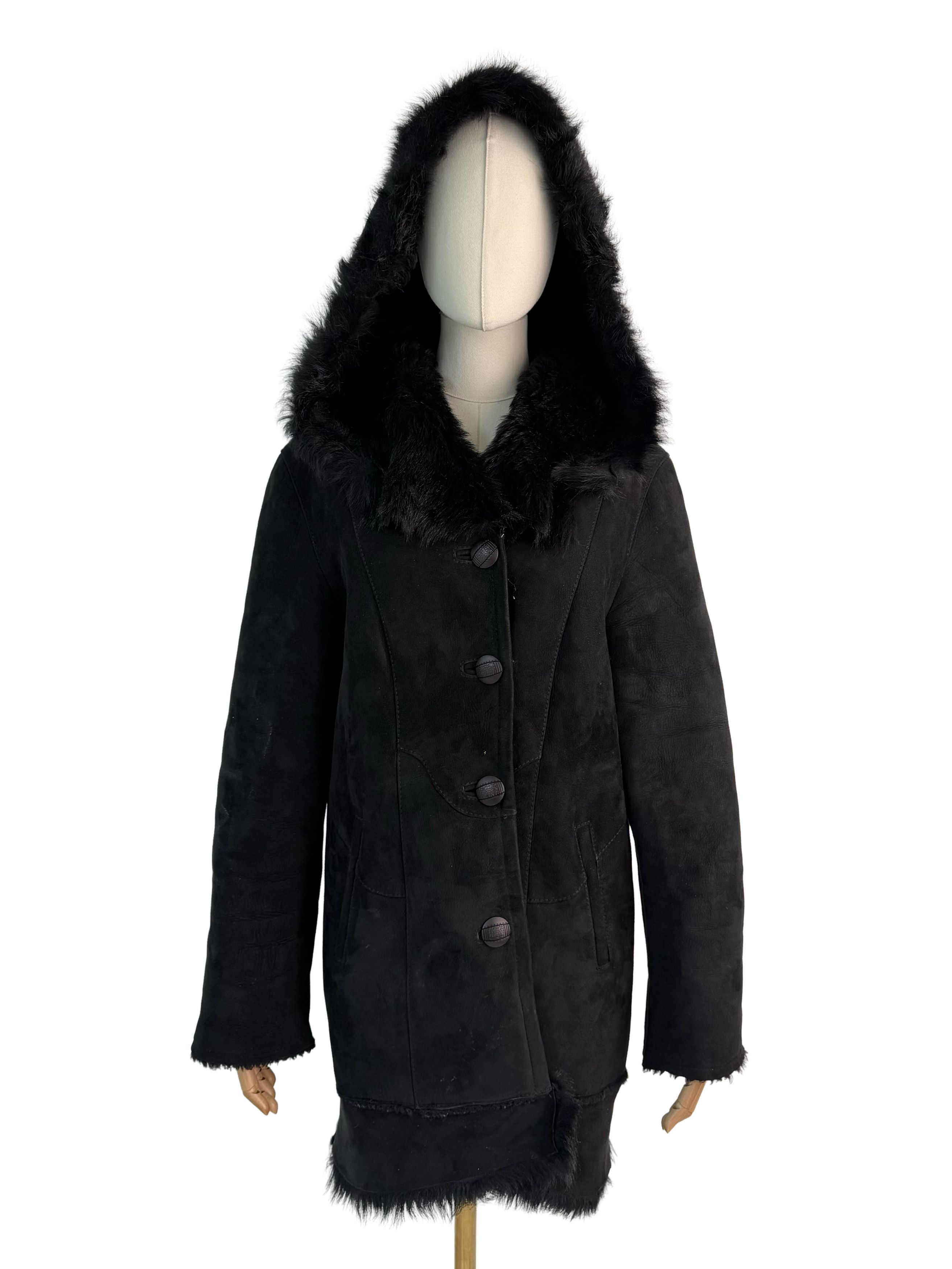 Vintage Vintage Genuine Shearling Sheepskin Coat Black Hooded Jacket Size L / US 10 / IT 46 - 3 Thumbnail