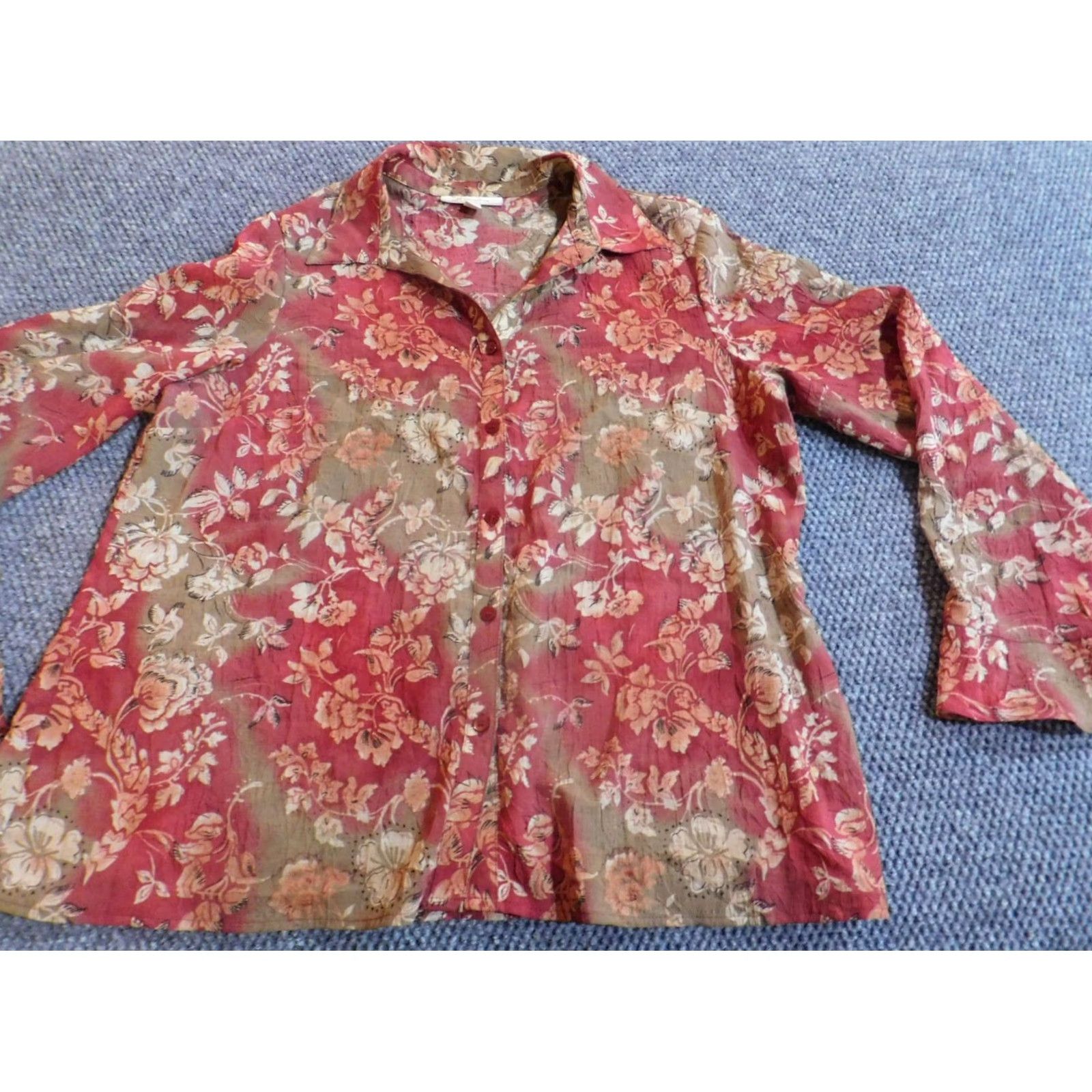 JM Collection JM Collection Button-Up Top Womens 16 Red Floral Long Sleeve Cap Sleeve Crew Neck Button-Up Casual Regular Fit Cotton Polyester Size XXL / US 16-18 / IT 52-54 - 3 Thumbnail