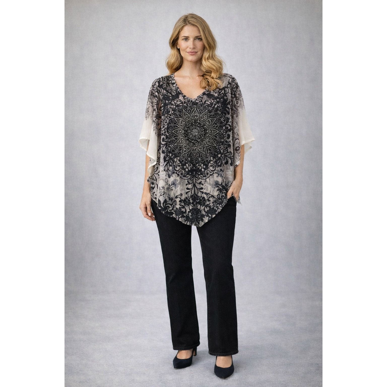 Other Dressbarn Sheer Beaded Mandala Top Women V-Neck L - D012 Size L / US 10 / IT 46 - 1 Thumbnail