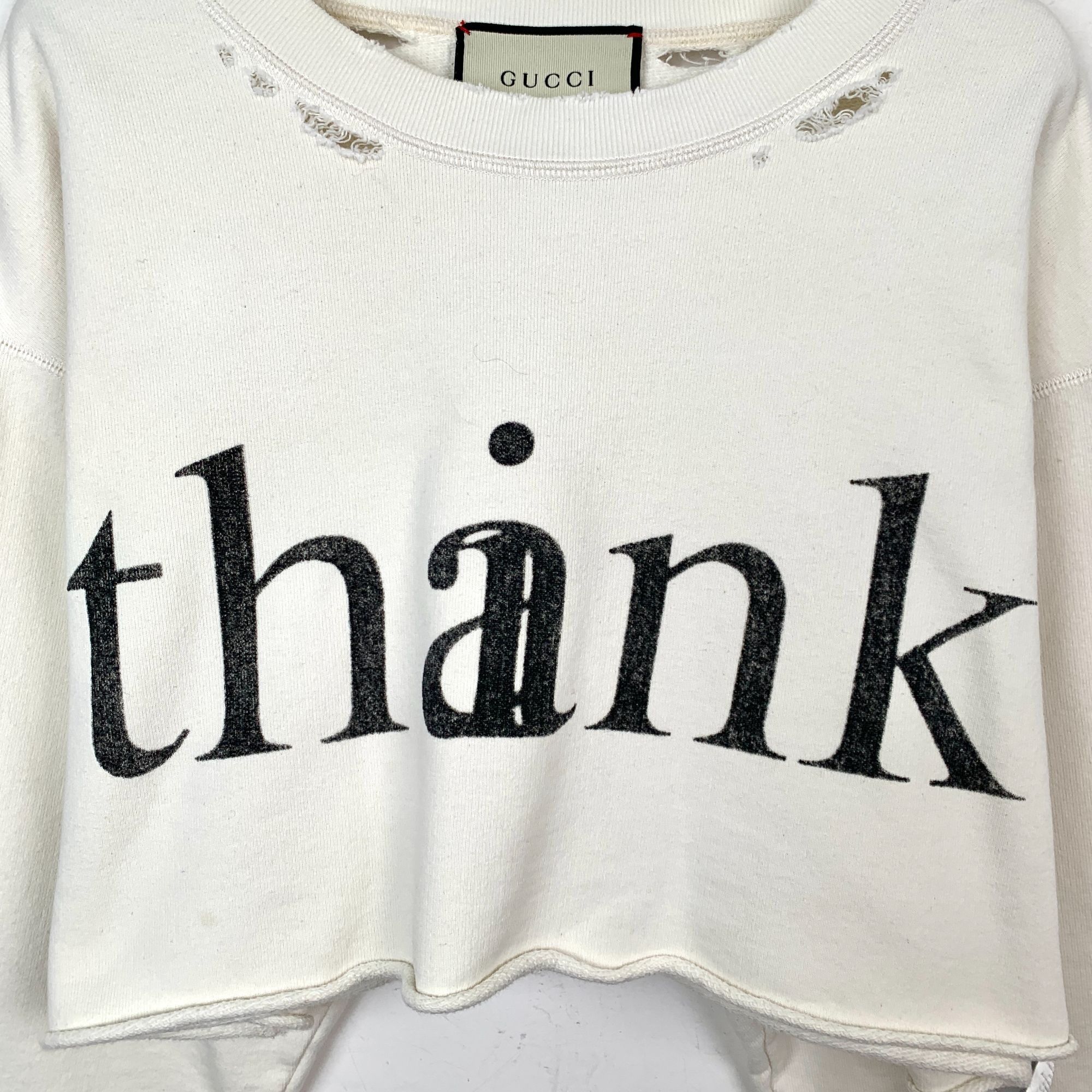 Gucci H9336 Gucci Distressed Cropped Sweatshirt With "Thank" Print Size S / US 4 / IT 40 - 4 Thumbnail