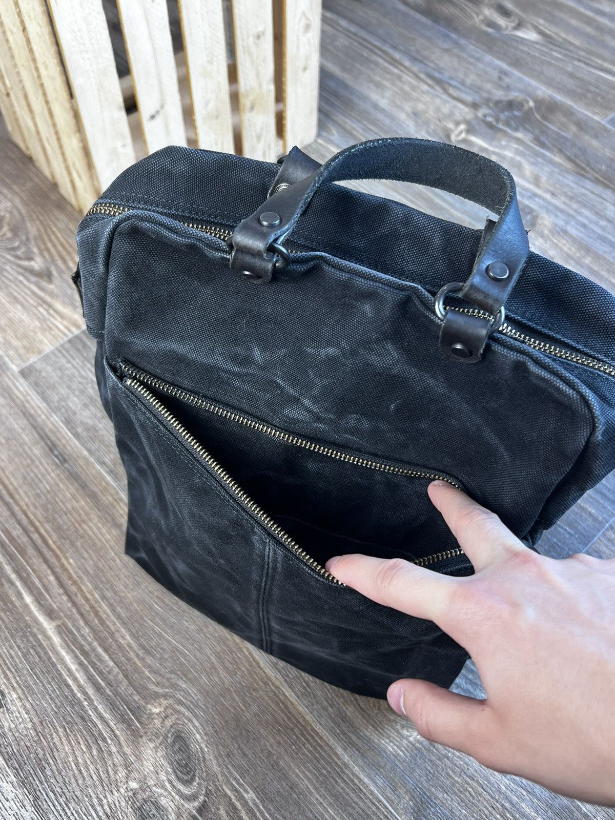 Japanese Brand × Vintage Japanese Baggy Port Black Smoked Denim Backpack Bag Size ONE SIZE - 8 Thumbnail
