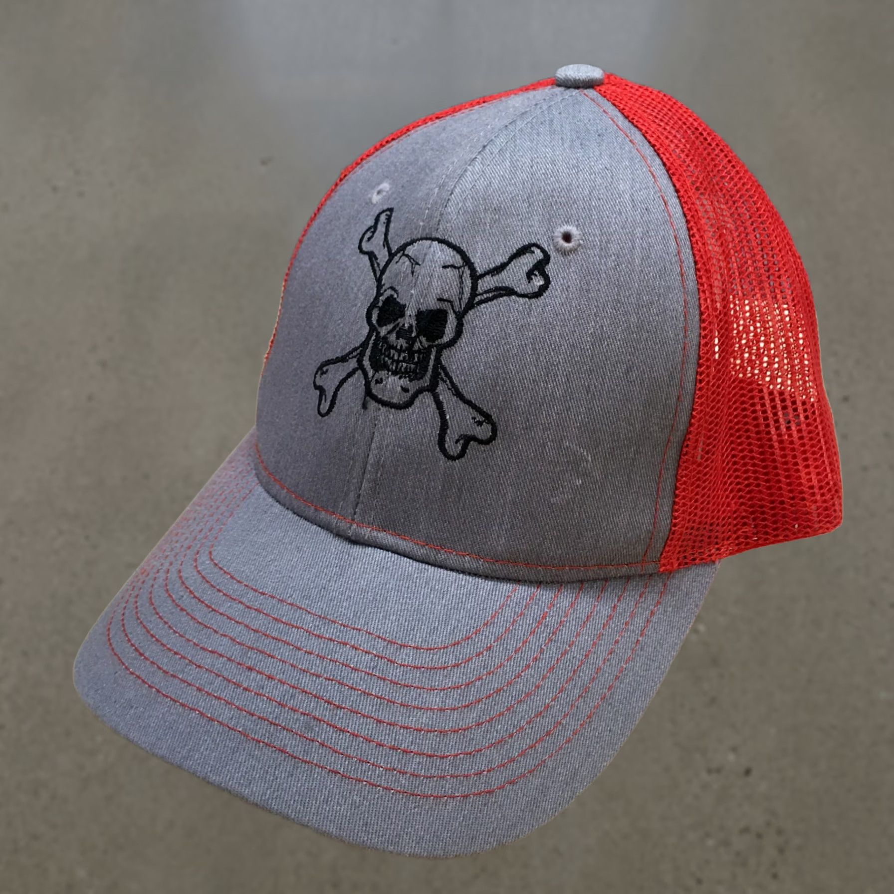 Logo 7 Sweet Caps Skull Trucker Hat Mens One Size Adjustable Gray Red Embroidered Logo Size ONE SIZE - 1 Thumbnail