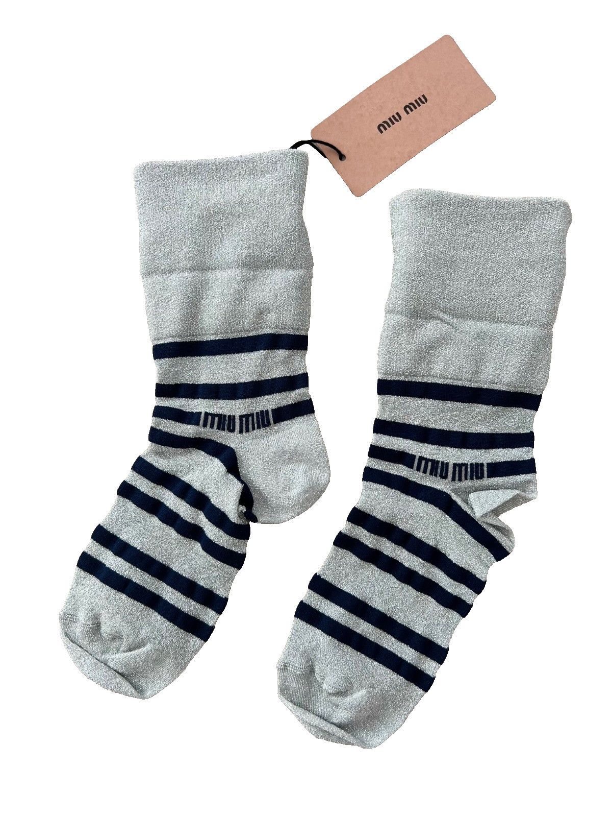 Miu Miu Miu Miu Striped Navy Silver Cuffed Socks ( L ) Size ONE SIZE - 3 Thumbnail