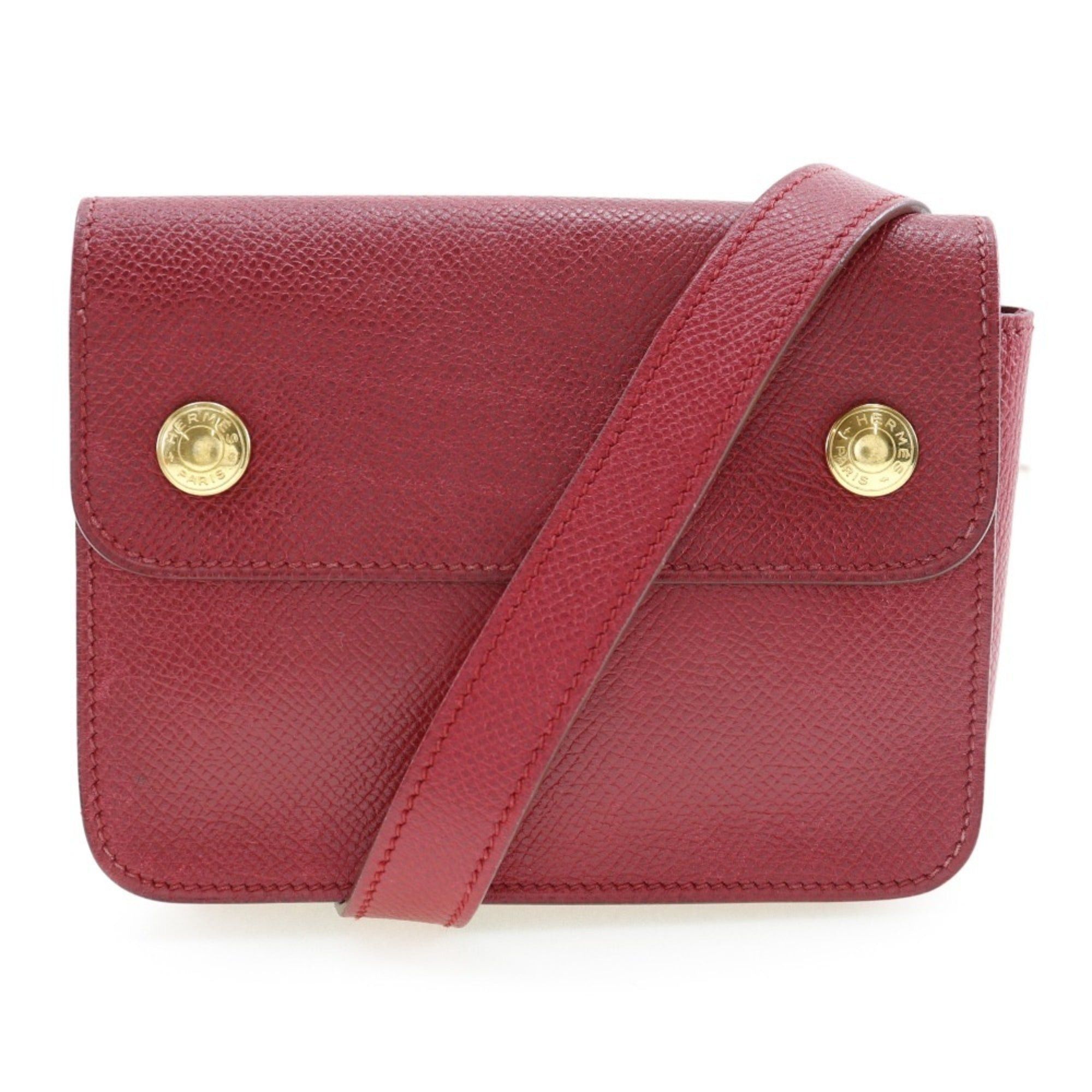 image of Hermes Pochette Green Waist Bag Couchevel Made In France 1991 Red 〇U Snap Button Green Ladies, Wome